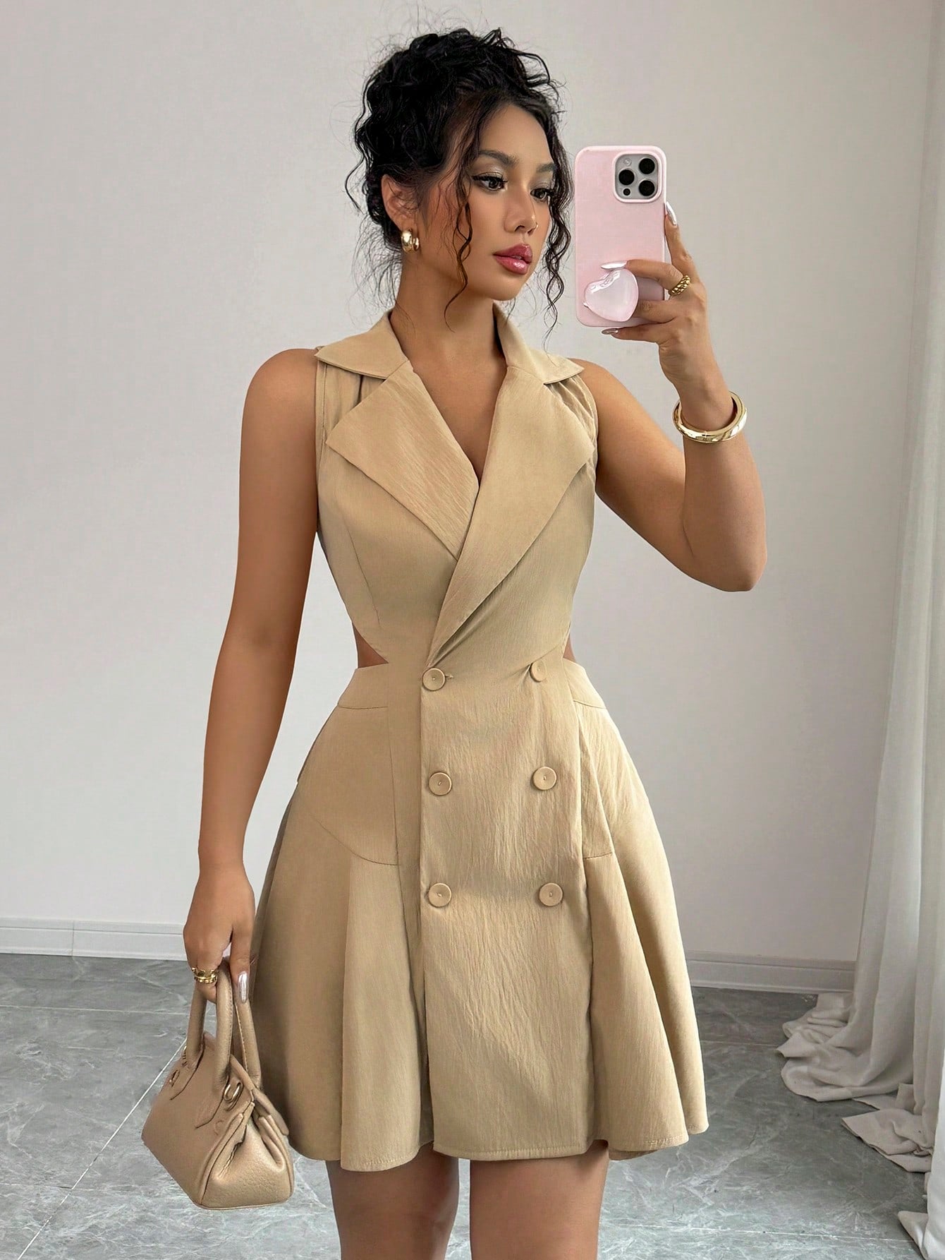 Women’s Woven Fabric Sleeveless Dress, Double Breasted Design, Solid Pattern, 1 Piece, For Commuting and Daily Wear