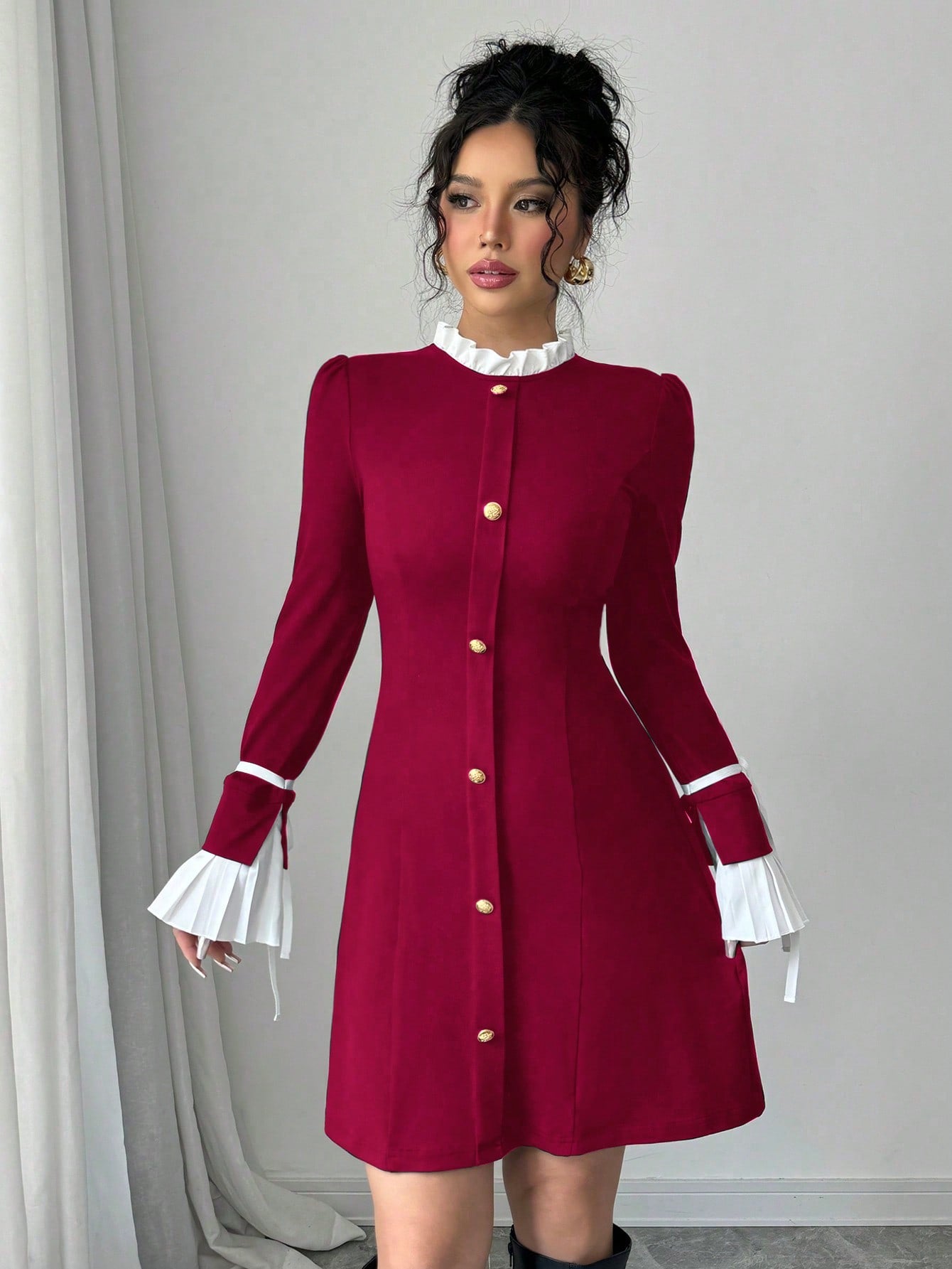 Women’s Woven Fabric Long Sleeve Dress, Collar and Cuff Splicing Detail with Bow Accent, 1 Piece, For Cooler Season Wear