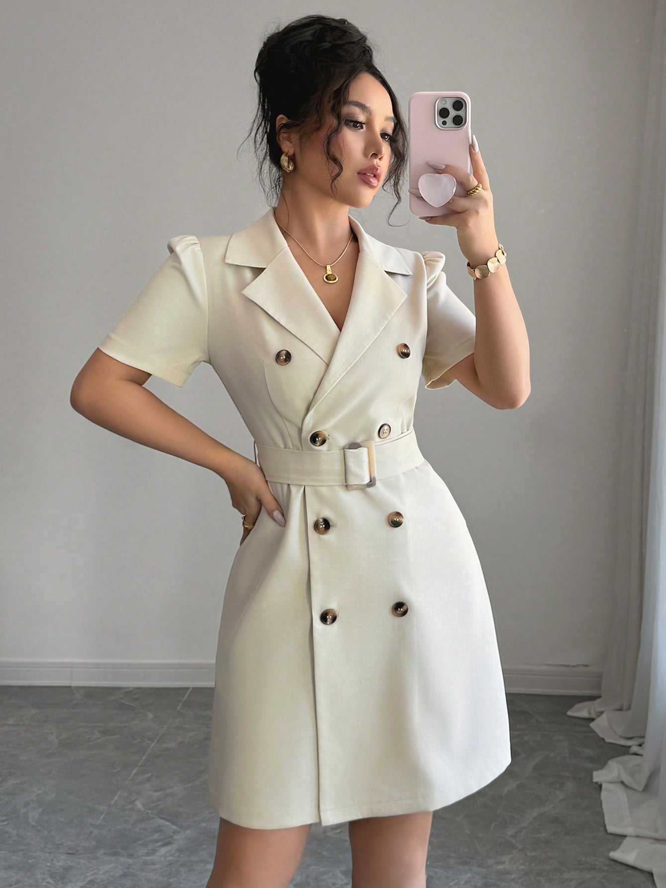 Mandarin Collar Dress with Cinched Waist Double Breasted Front and Puff Sleeves for Daily Wear