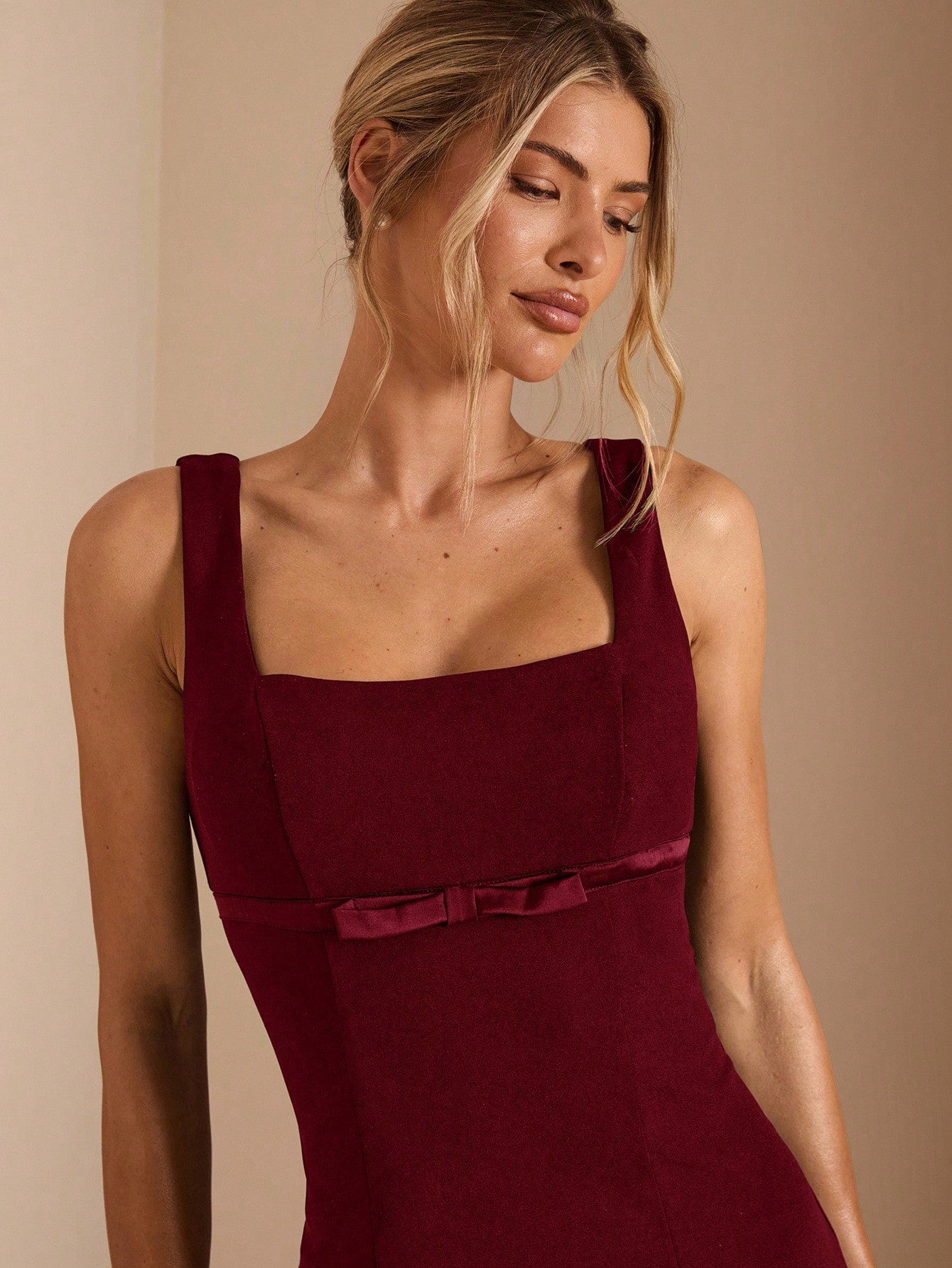 Women’s Woven Fabric Mini A-Line Dress, Square Neck Design with Bow Detail, 1 Piece, For Autumn and Winter Wear