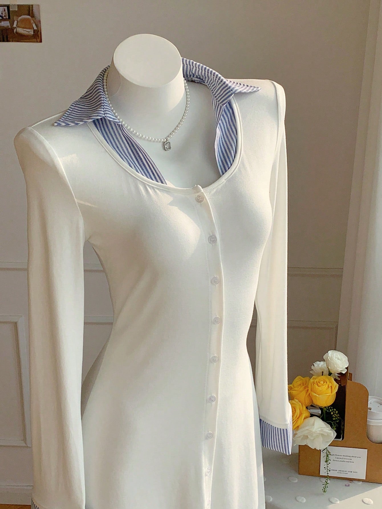 Women’s Woven Fabric Mini Dress, Long Sleeve Button Front, Patchwork Pattern Design, 1 Piece, For Casual Wear