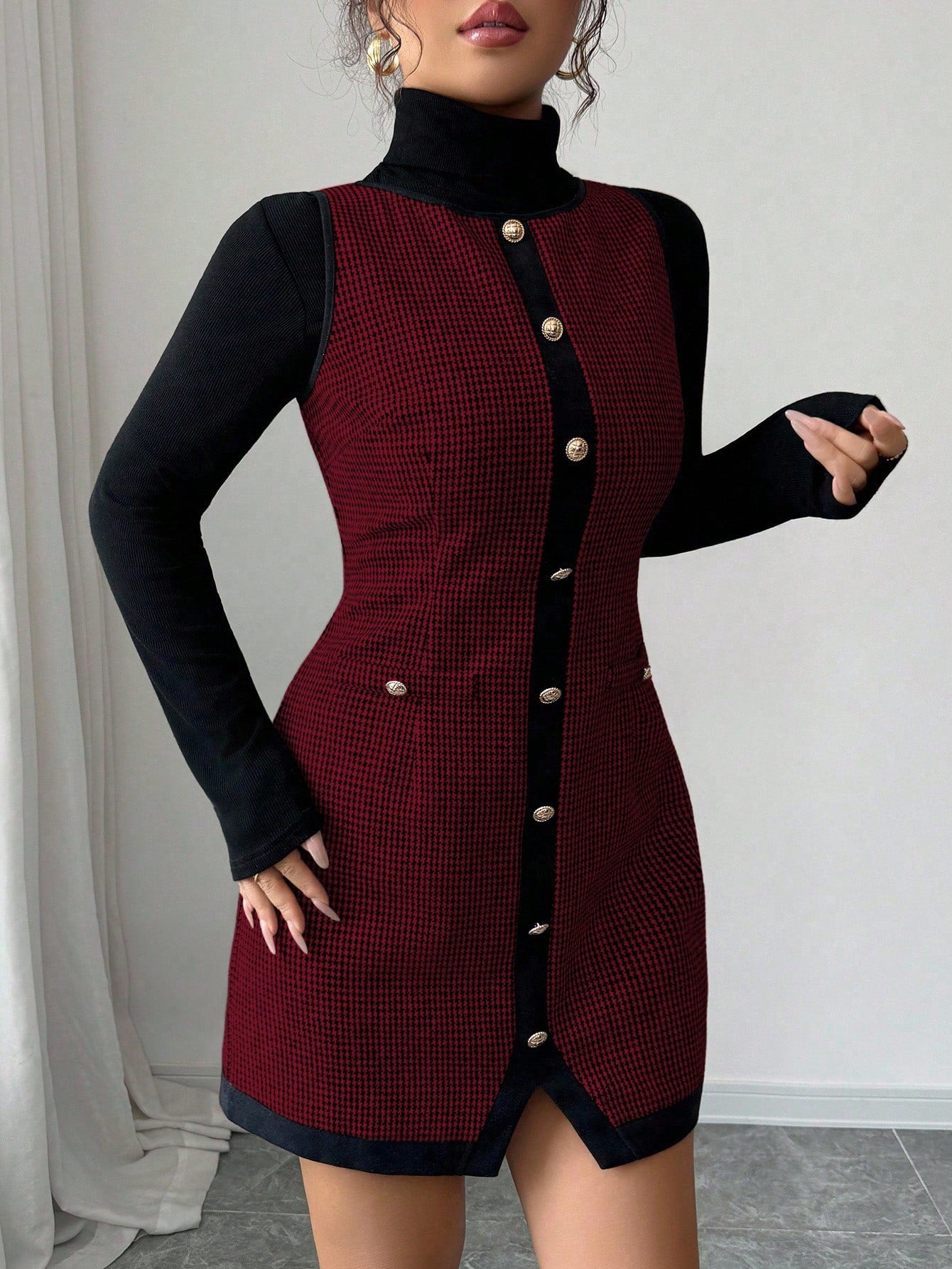 Women’s Wool-Blend Fabric Sleeveless Dress, Round Neck Patchwork Design, 1 Piece, For Office and Daily Wear