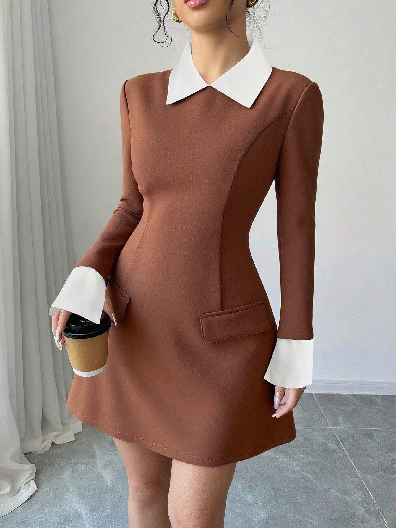 Women’s Woven Fabric Short Dress, Collared Long Sleeve Design with Cuff Detail and Faux Pocket, Color Block Pattern, 1 Piece, For Autumn Wear