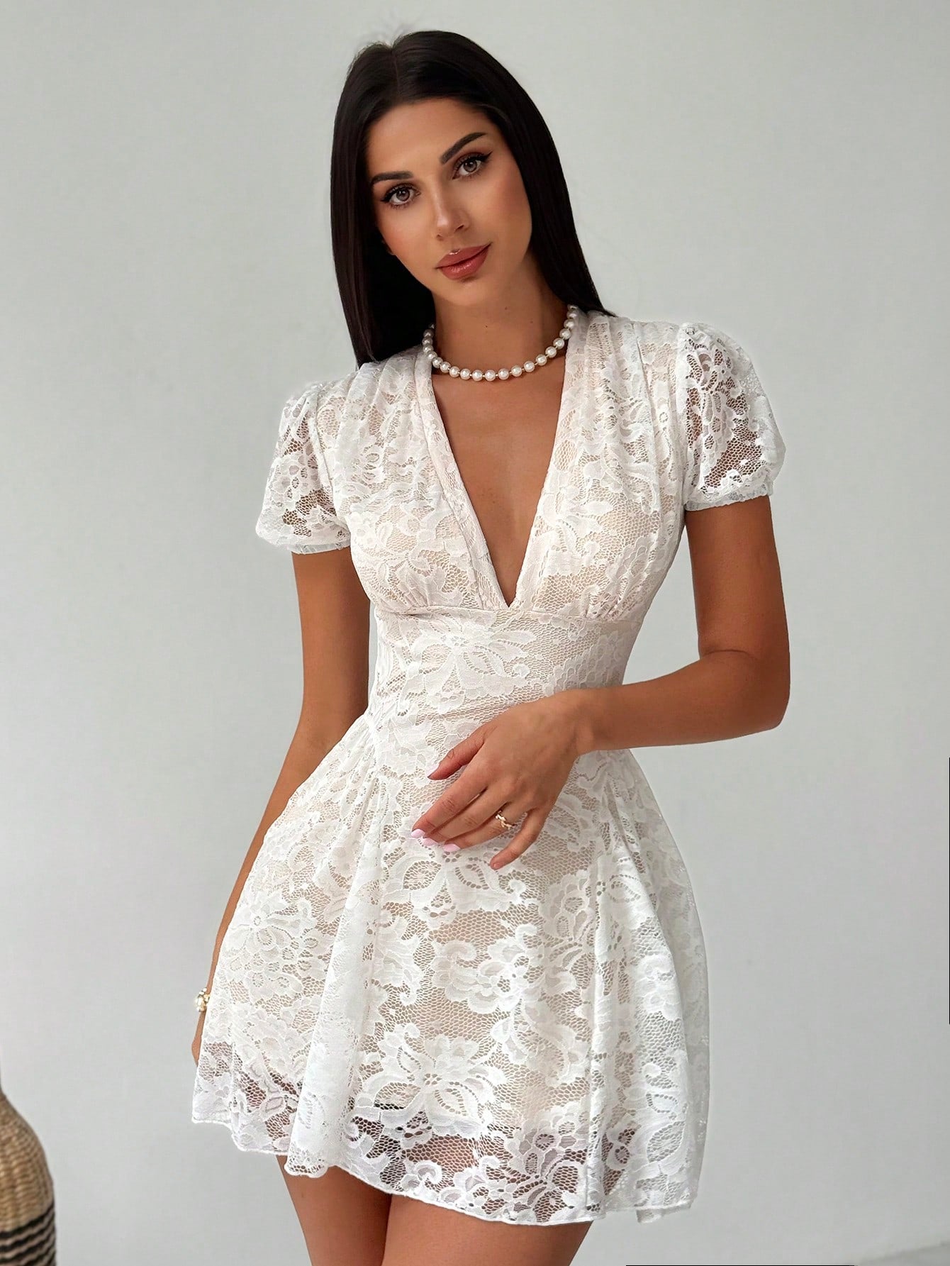 Women’s Woven Fabric Mini Dress, V-Neck Design with Puff Sleeve and Lace Detail, 1 Piece, For Spring and Summer Wear