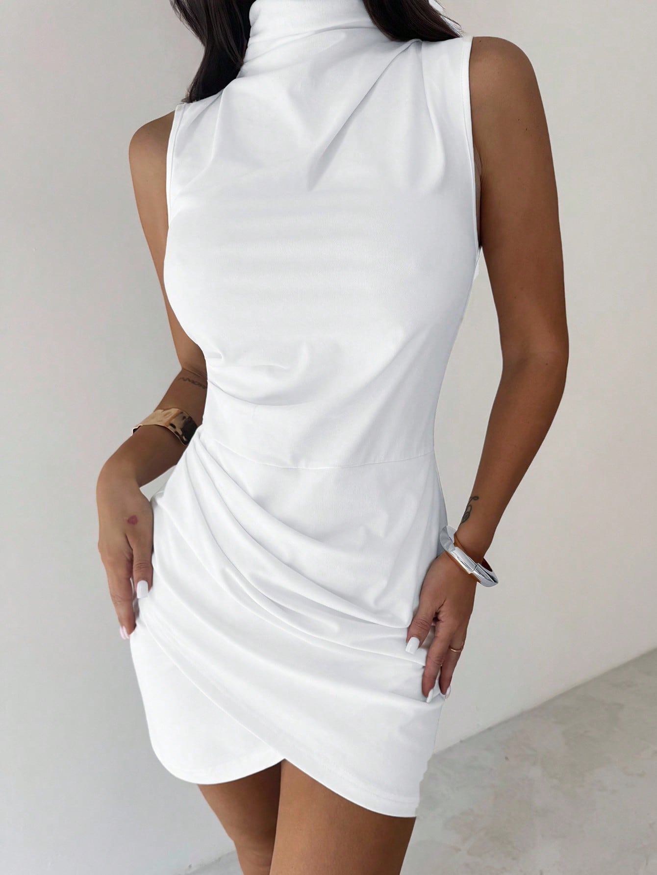 White Flower Bud Hem Dress with Smooth Fabric Finish Suitable for Office and Daily Wear