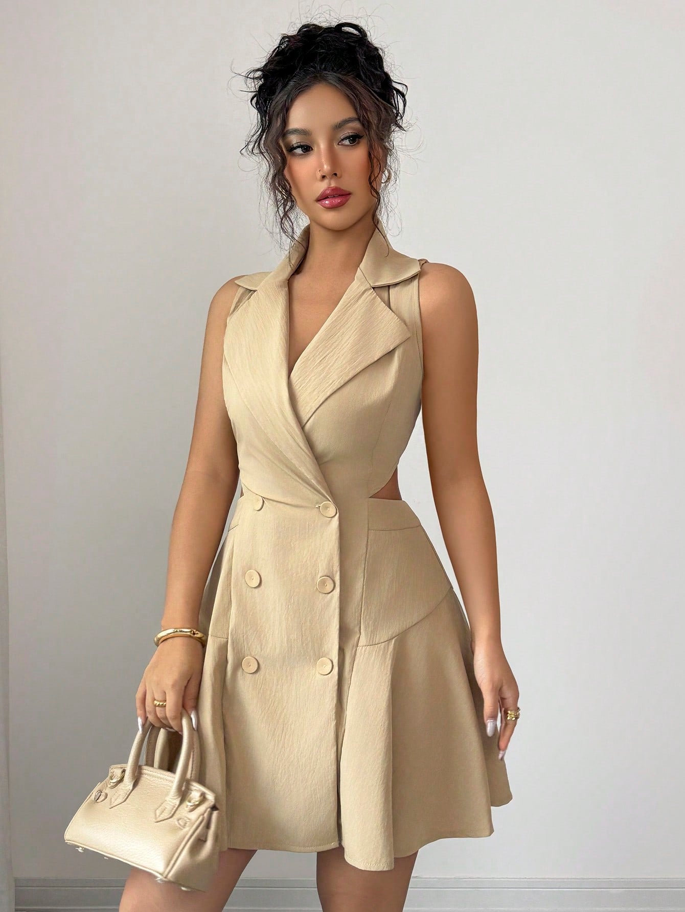 Women’s Woven Fabric Sleeveless Dress, Double Breasted Design, Solid Pattern, 1 Piece, For Commuting and Daily Wear