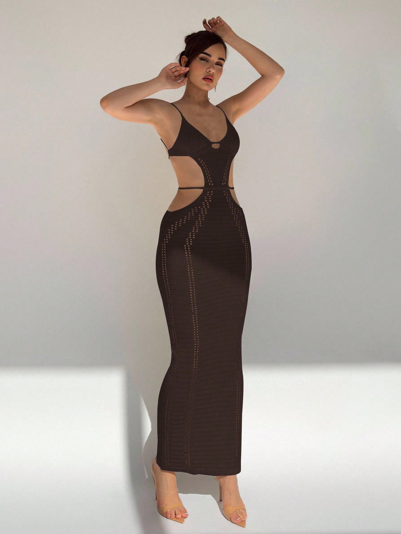 Sleeveless Knitted Slim Fit Sweater Dress with U-Neck and Hollow-Out Detail for Casual Wear