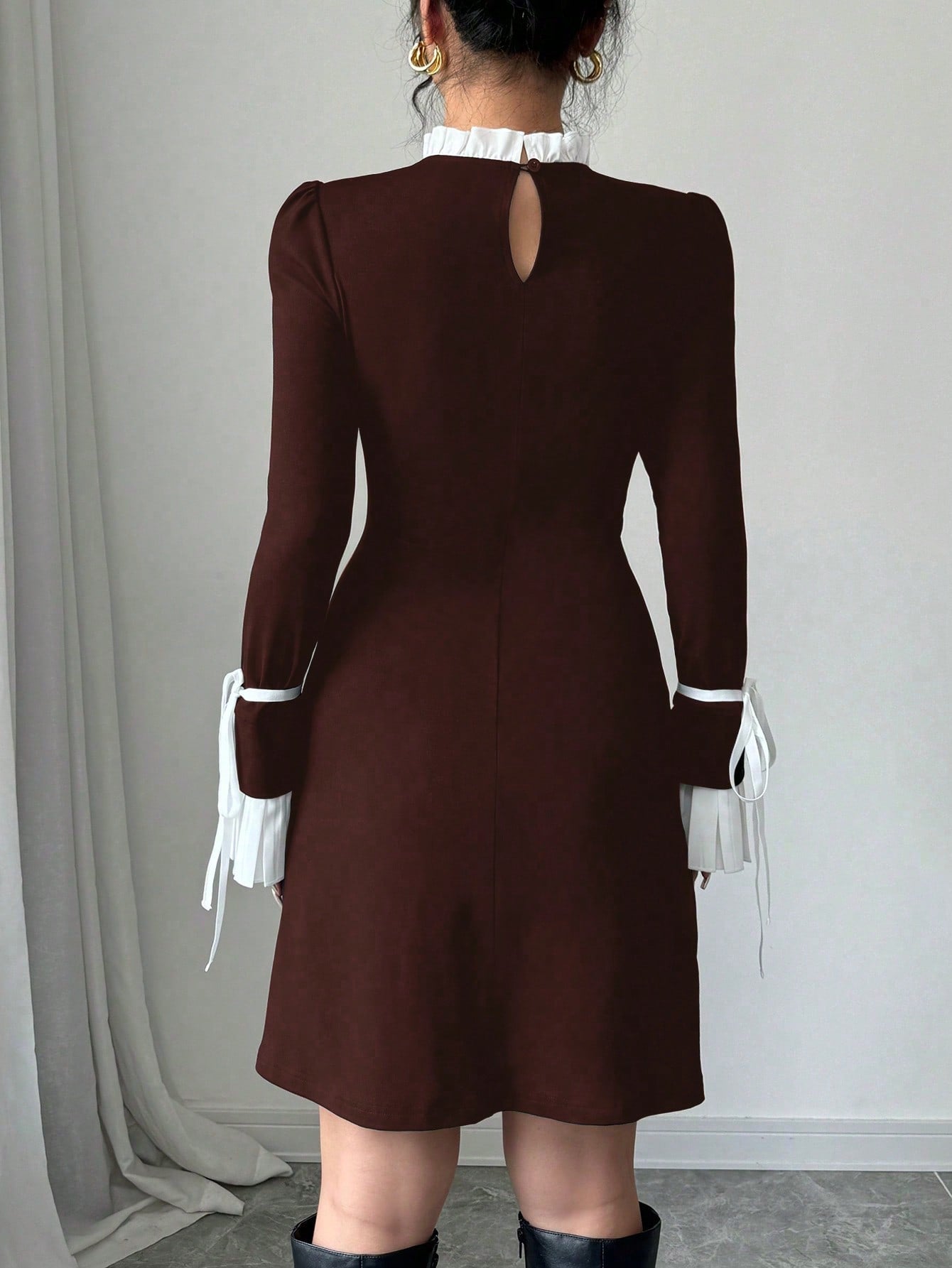 Women’s Woven Fabric Long Sleeve Dress, Collar and Cuff Splicing Detail with Bow Accent, 1 Piece, For Cooler Season Wear