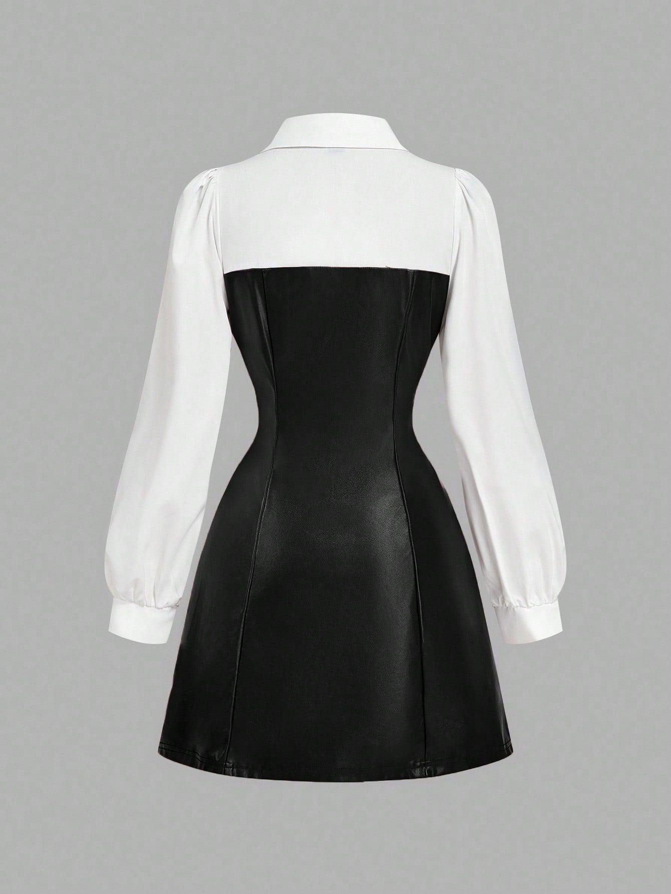 Military Green Patchwork Shirt Dress with PU Leather Detail Casual Design