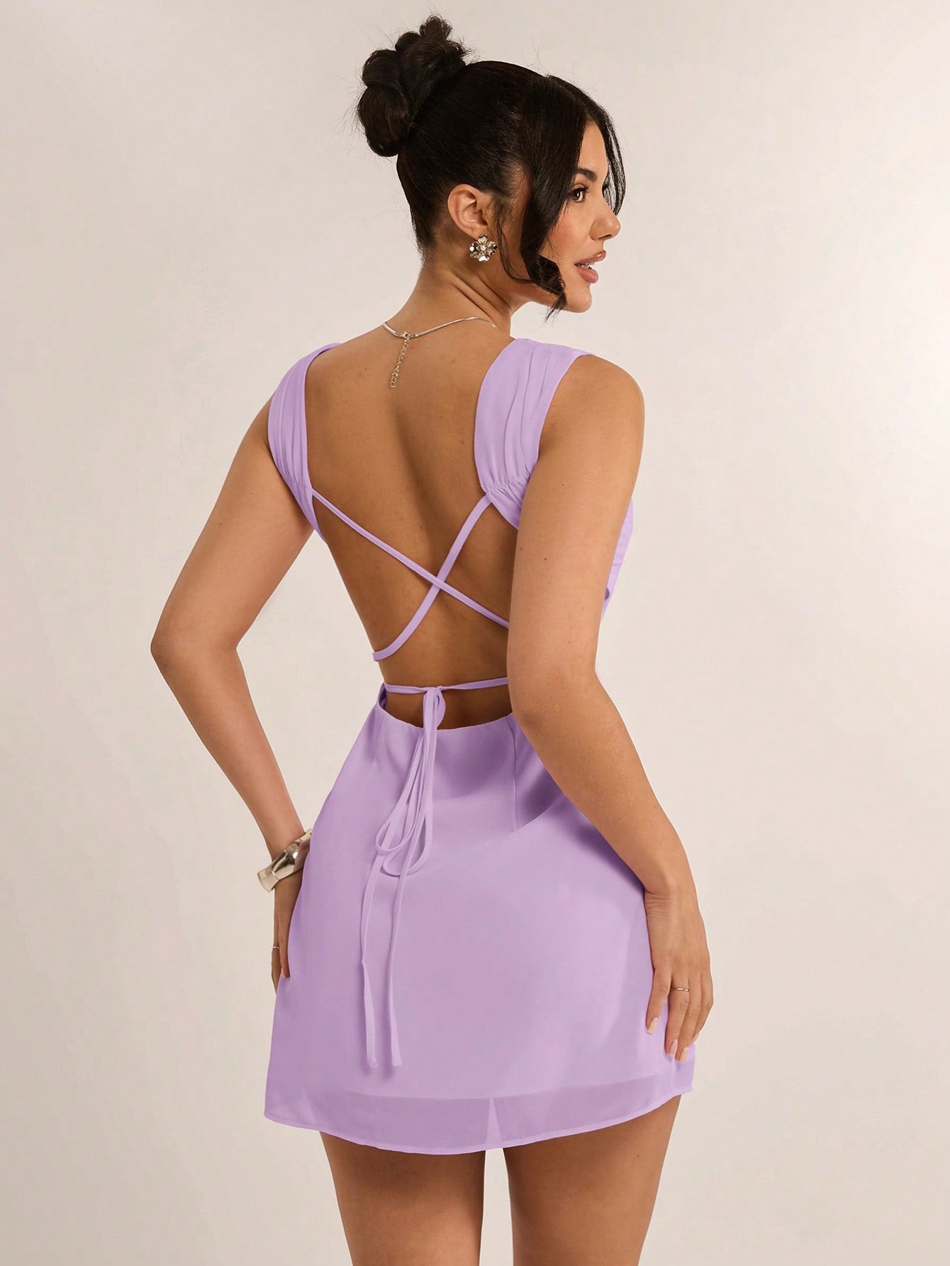 Light Pink Square Neck Cross Strap Mini Dress for Daily and Casual Occasions