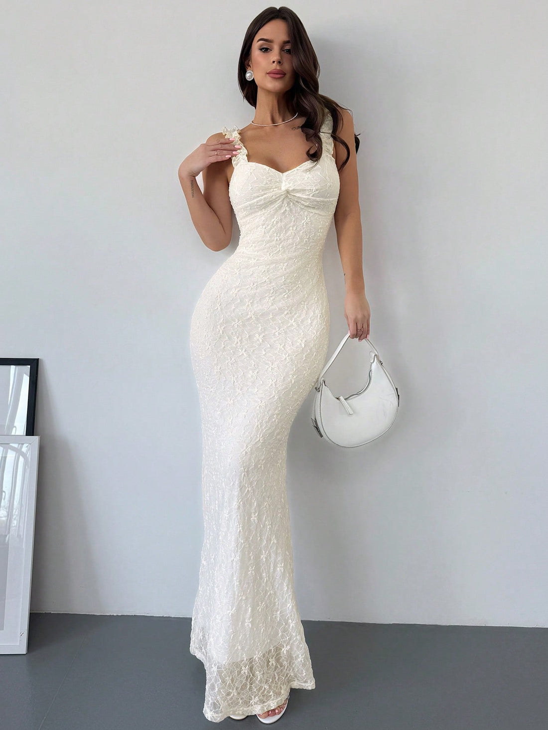 White Lace Ruffle Shoulder Strap Bodycon Long Dress for Daily, Date Night, Holiday, and Wedding Events