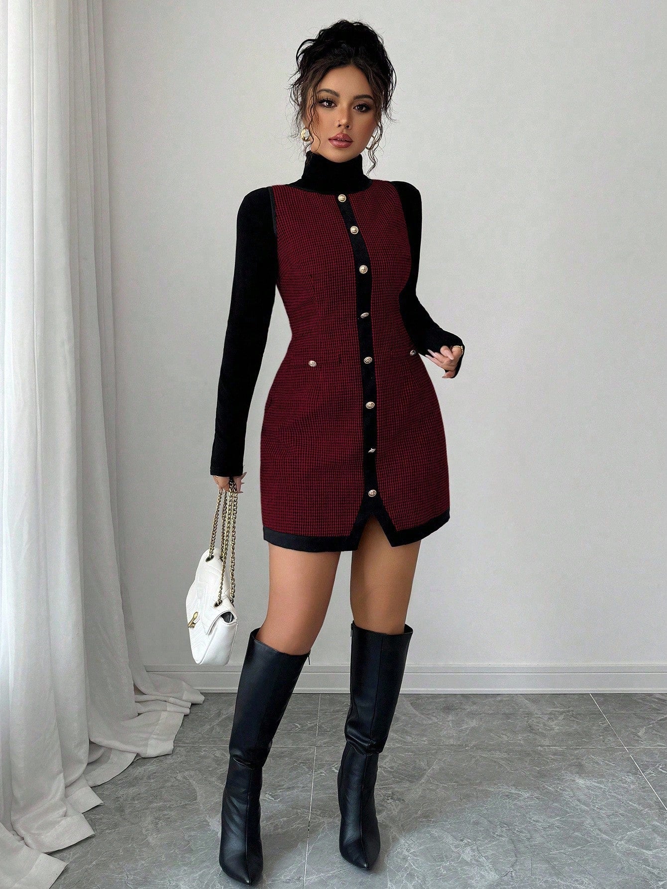 Women’s Wool-Blend Fabric Sleeveless Dress, Round Neck Patchwork Design, 1 Piece, For Office and Daily Wear