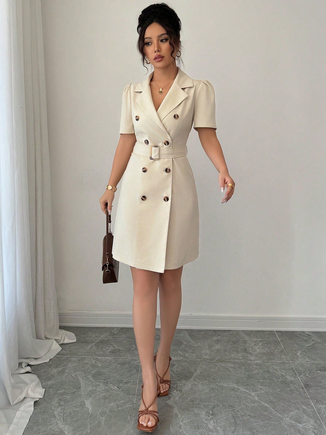 Mandarin Collar Dress with Cinched Waist Double Breasted Front and Puff Sleeves for Daily Wear