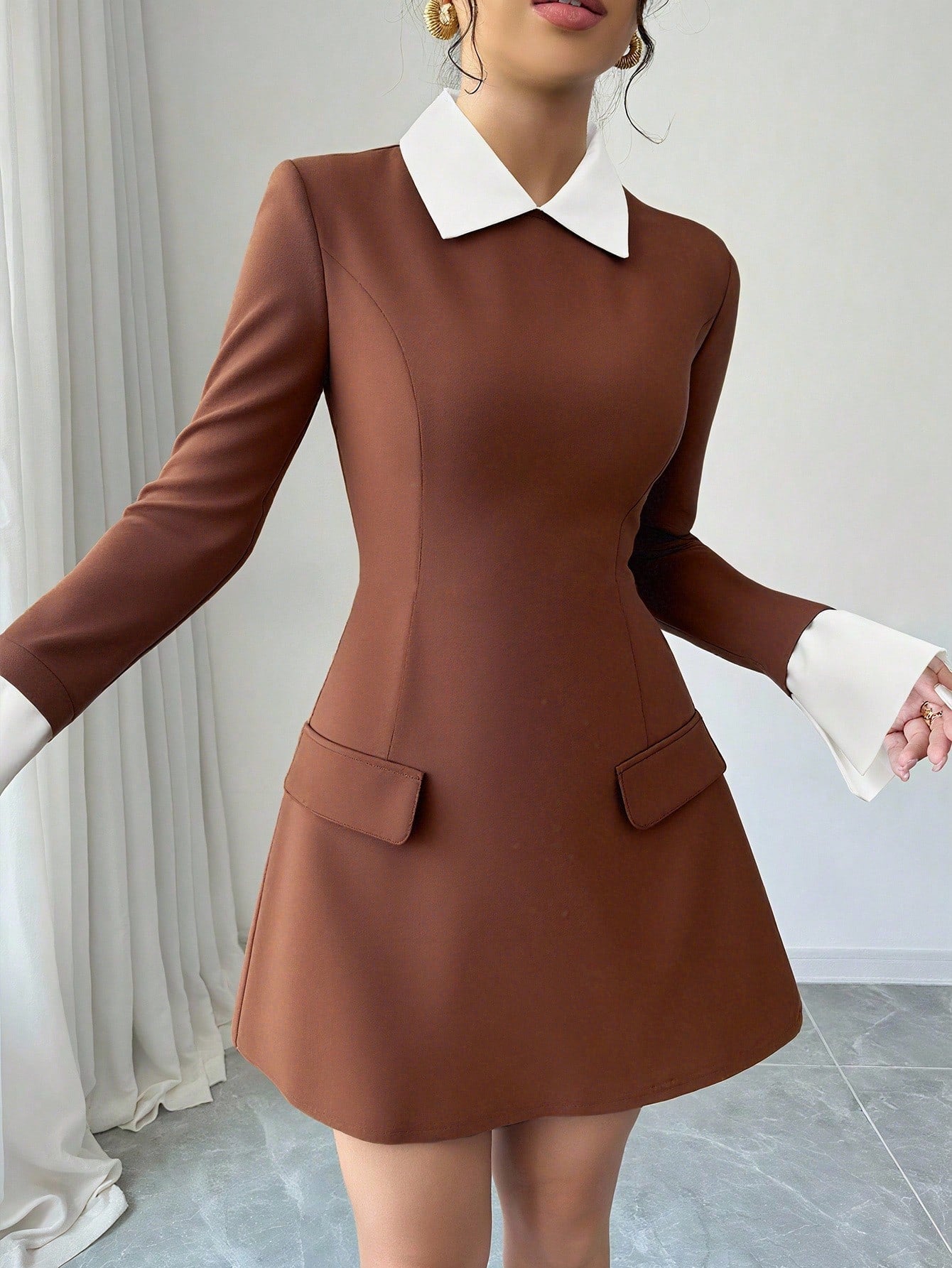 Women’s Woven Fabric Short Dress, Collared Long Sleeve Design with Cuff Detail and Faux Pocket, Color Block Pattern, 1 Piece, For Autumn Wear