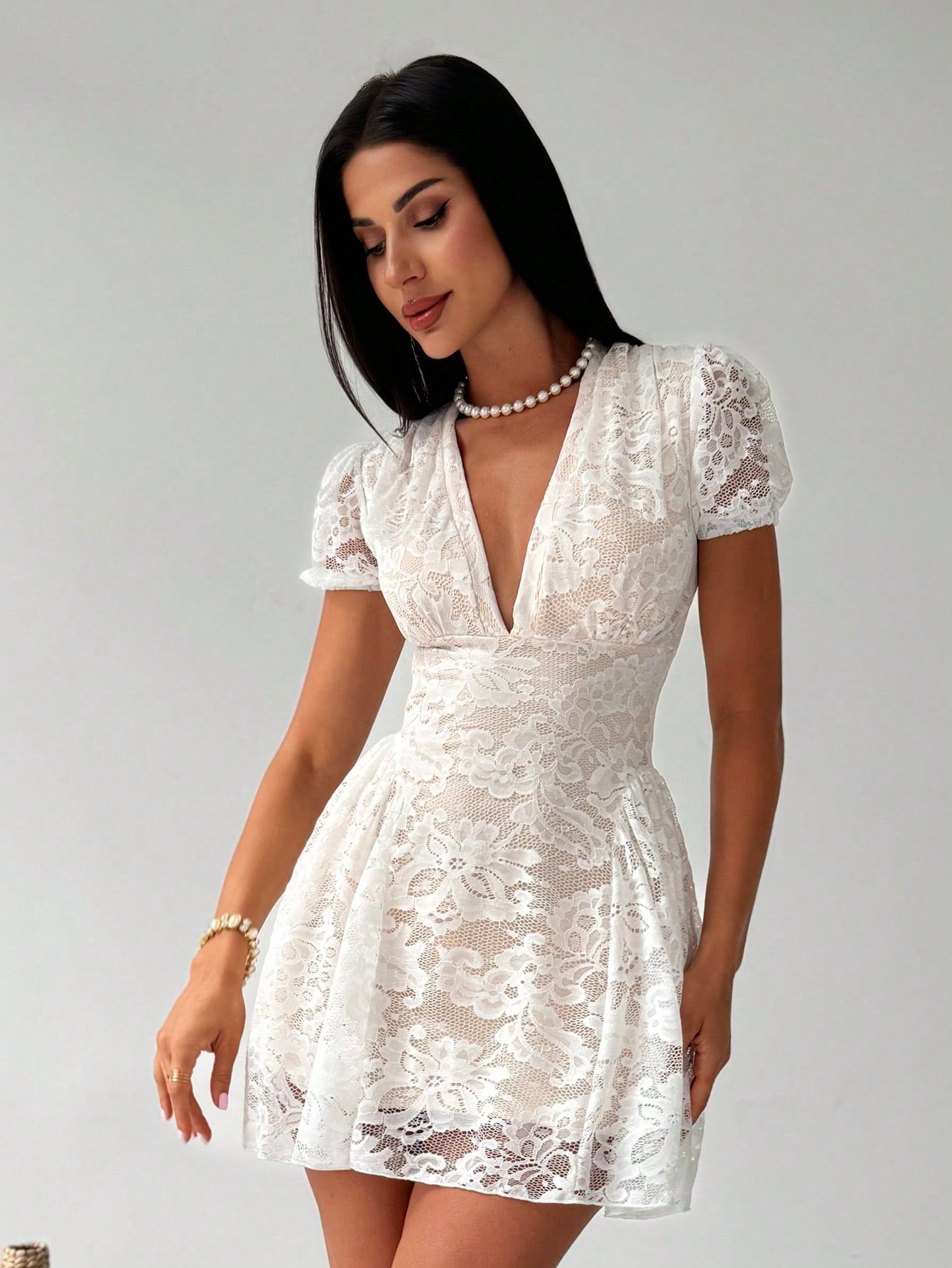 Women’s Woven Fabric Mini Dress, V-Neck Design with Puff Sleeve and Lace Detail, 1 Piece, For Spring and Summer Wear