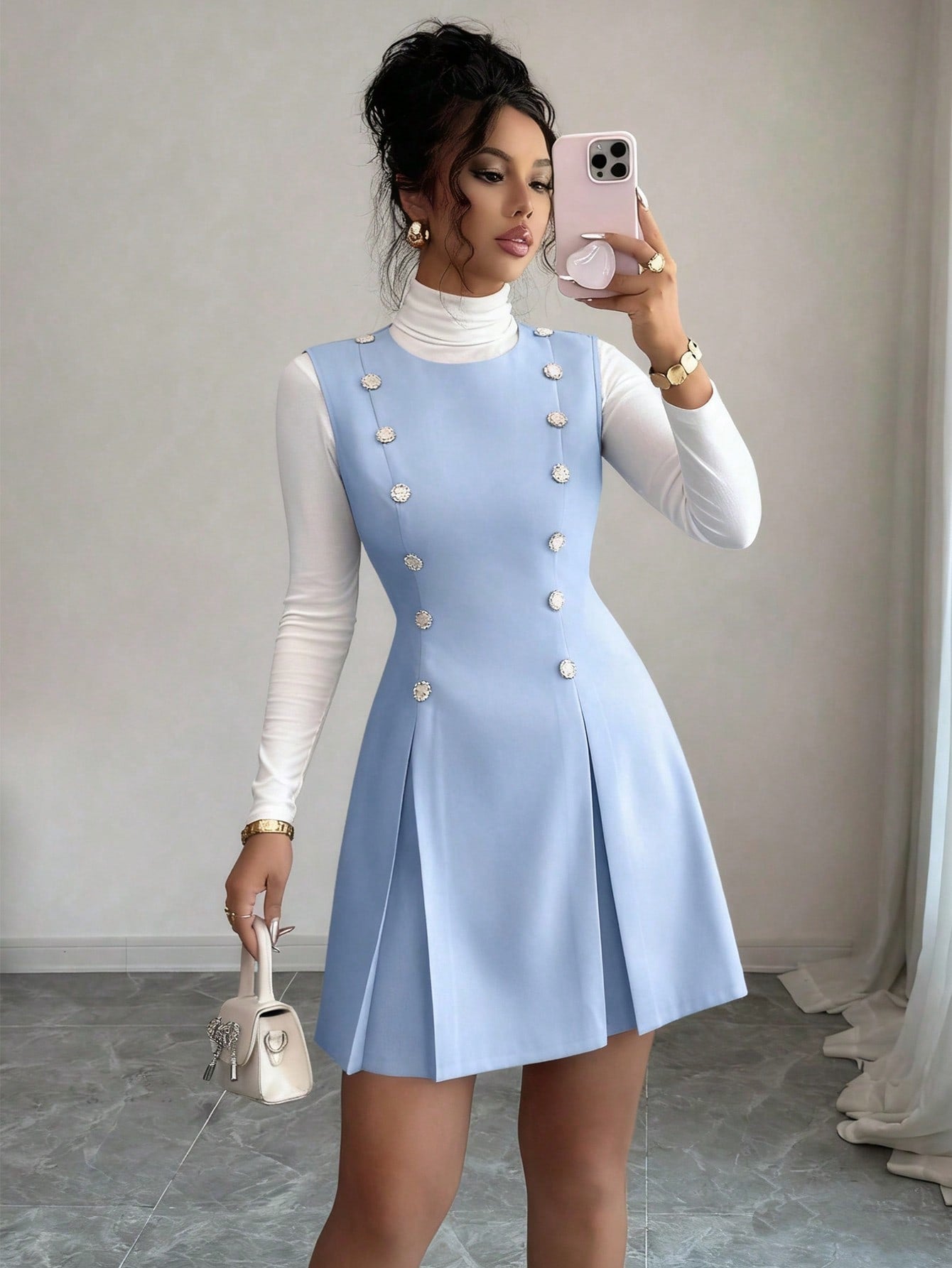 Women’s Woven Fabric Mini Skirt, Button Front Design, Tie Waist Detail, Decorative Buckle Accent, 1 Piece, For Daily Wear