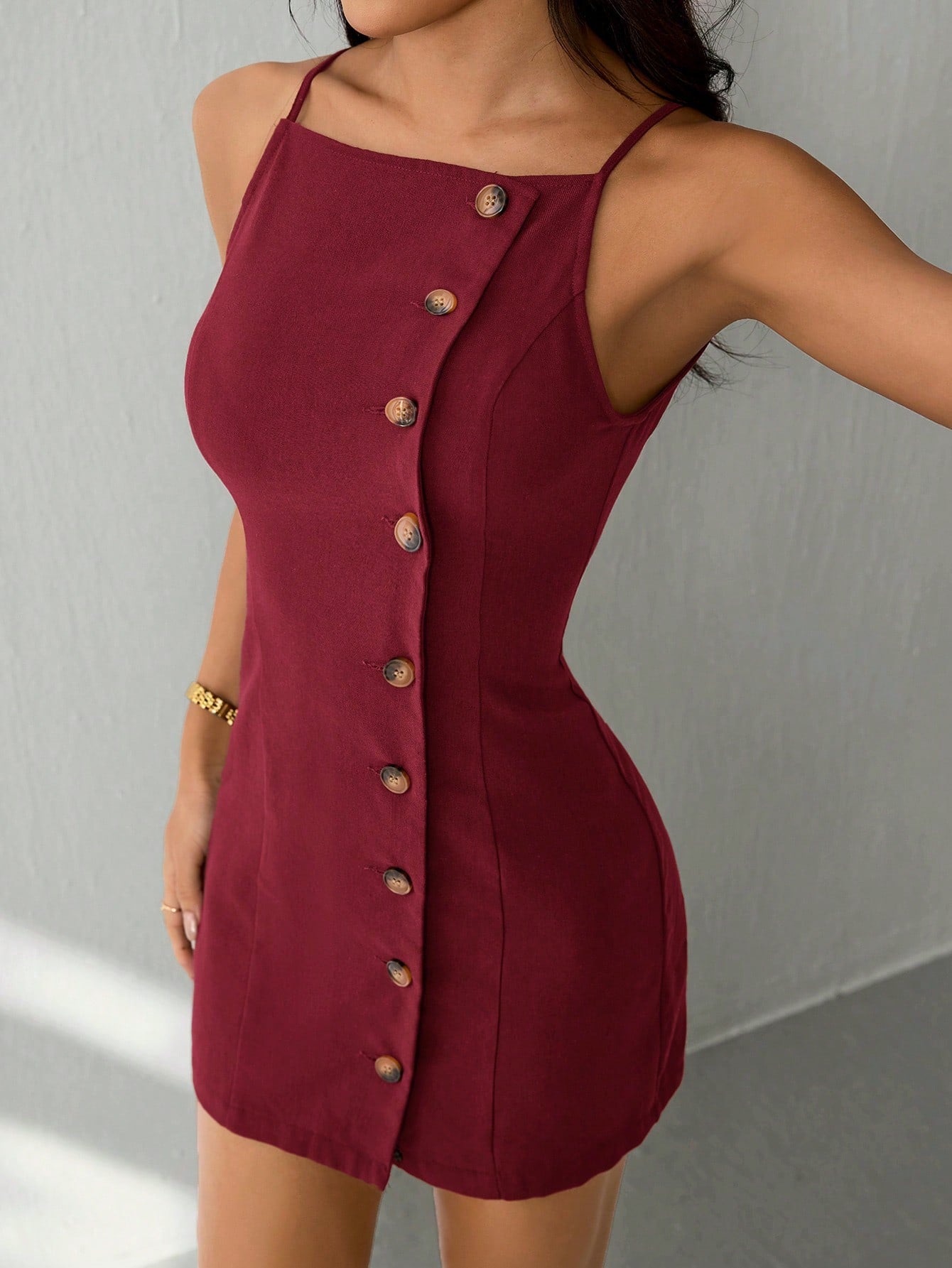 Women’s Woven Fabric Strap Mini Dress, Front Button Design, Solid Pattern, 1 Piece, For Casual and Daily Wear
