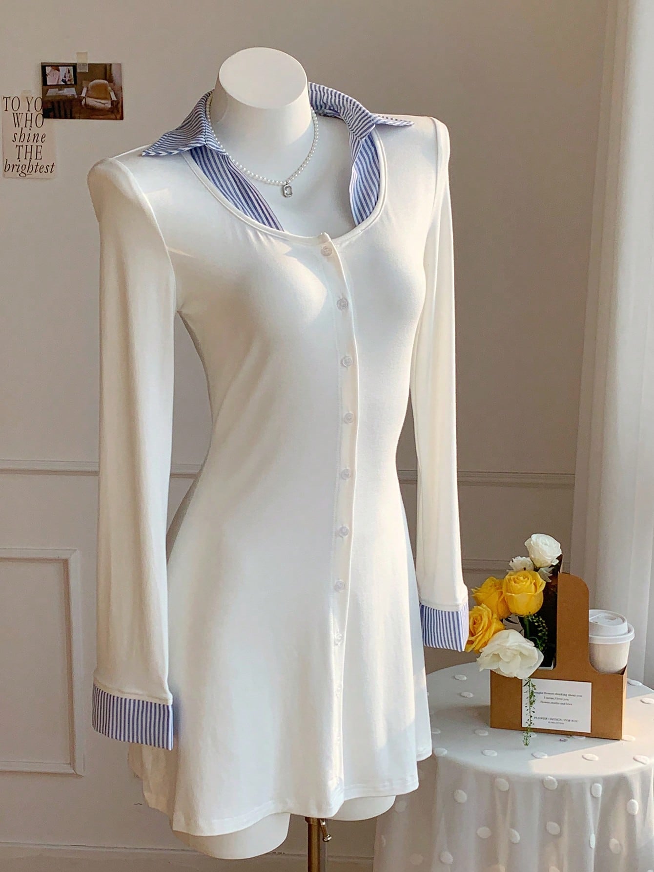 Women’s Woven Fabric Mini Dress, Long Sleeve Button Front, Patchwork Pattern Design, 1 Piece, For Casual Wear