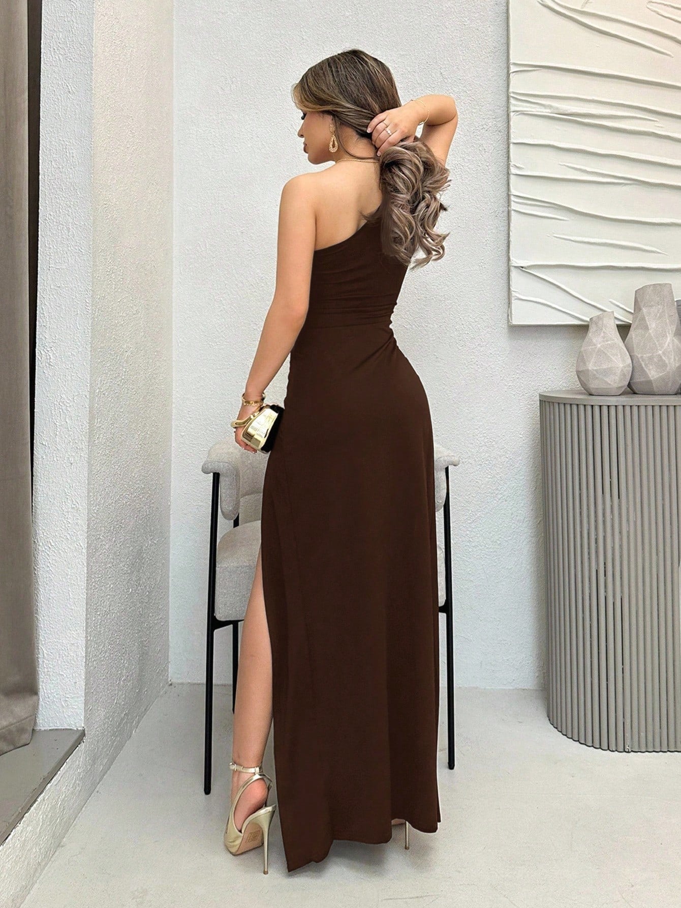 Minimalist Slit Shoulder Maxi Dress for Daily Wear and Holiday Occasions