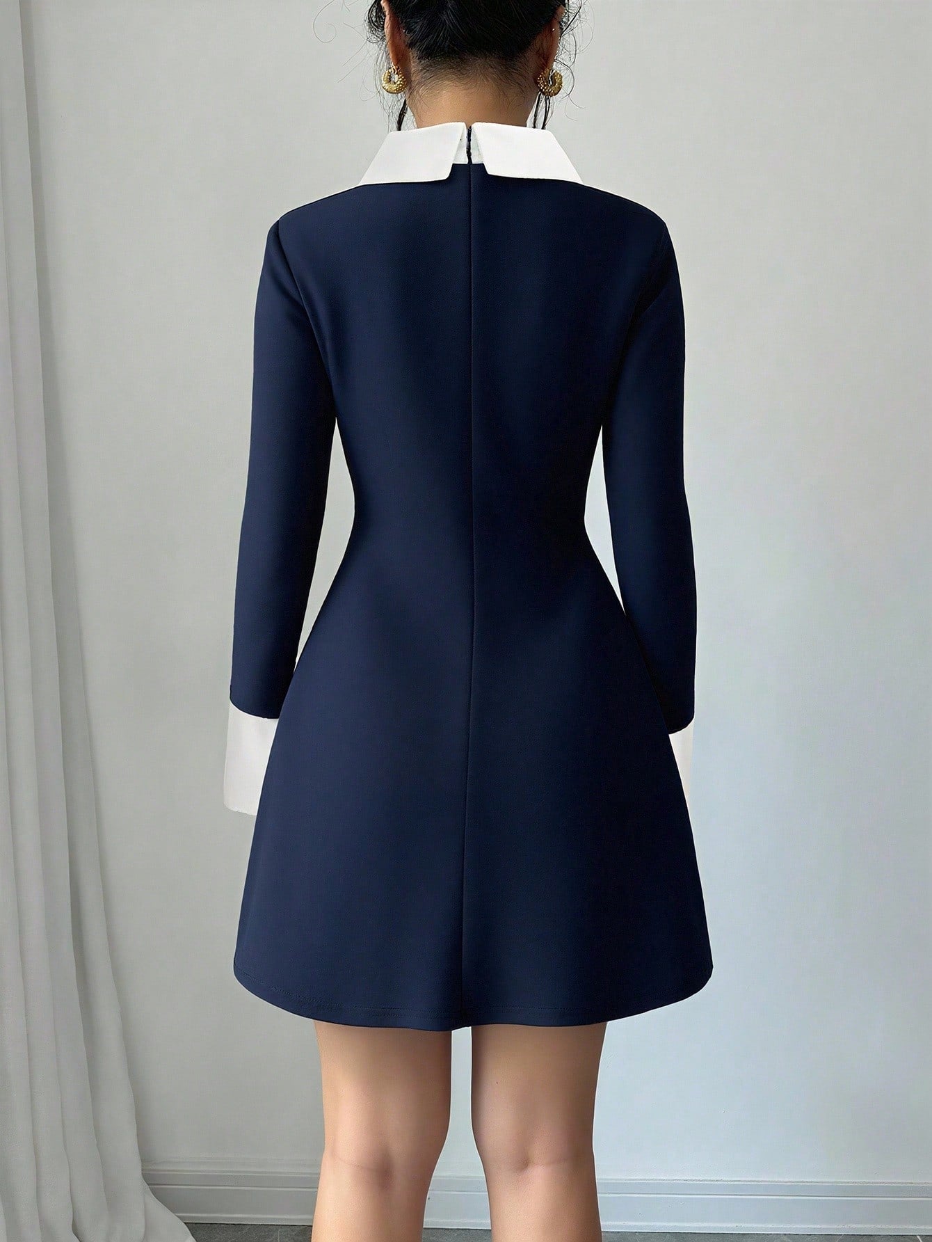 Women’s Woven Fabric Short Dress, Collared Long Sleeve Design with Cuff Detail and Faux Pocket, Color Block Pattern, 1 Piece, For Autumn Wear