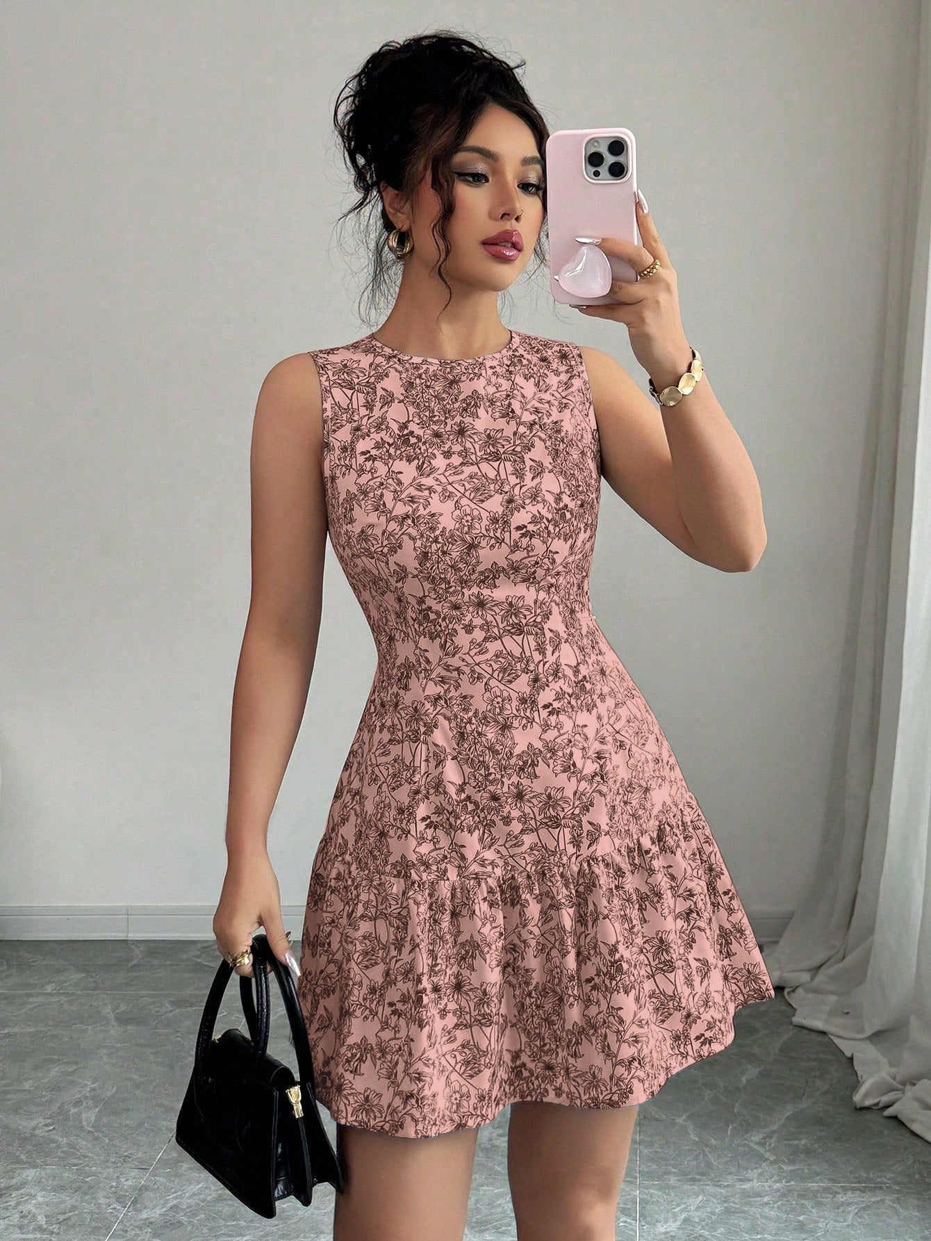 Women’s Woven Fabric Mini Dress, Sleeveless Design with Ruched Waist, Floral Print, 1 Piece, For Daily Wear