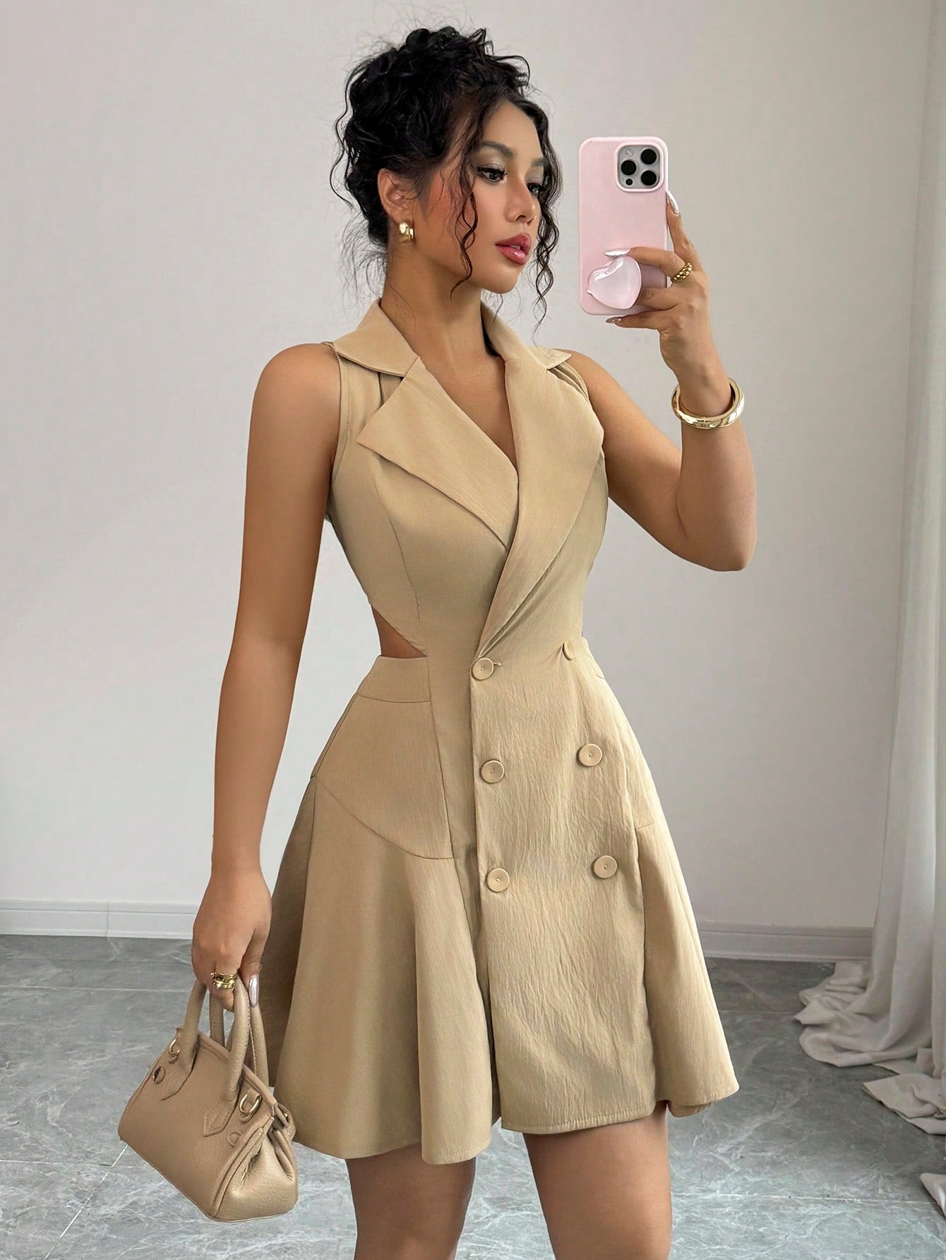 Women’s Woven Fabric Sleeveless Dress, Double Breasted Design, Solid Pattern, 1 Piece, For Commuting and Daily Wear