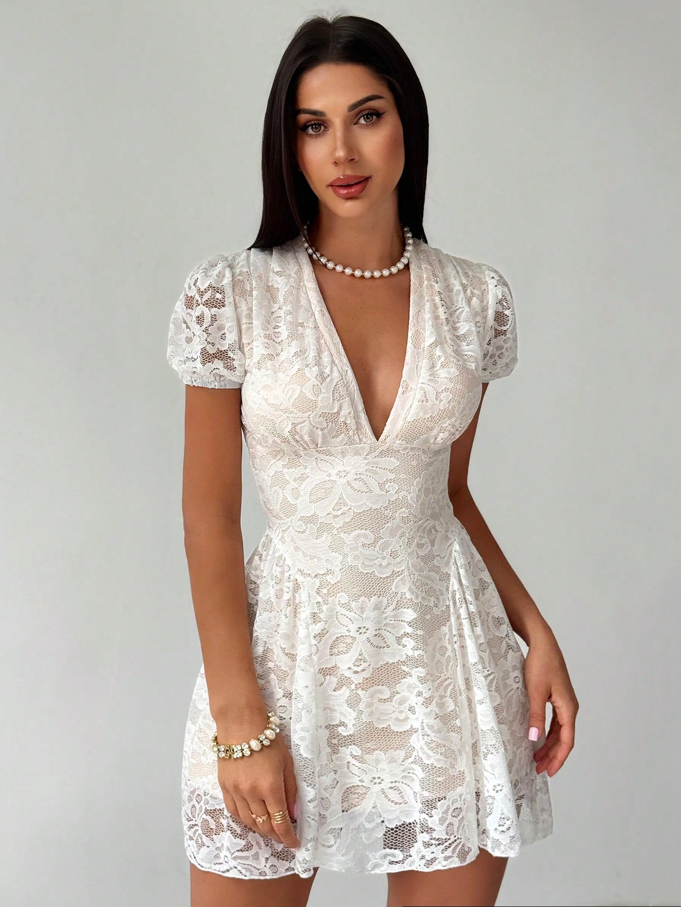 Women’s Woven Fabric Mini Dress, V-Neck Design with Puff Sleeve and Lace Detail, 1 Piece, For Spring and Summer Wear