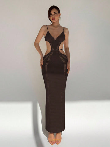 Sleeveless Knitted Slim Fit Sweater Dress with U-Neck and Hollow-Out Detail for Casual Wear