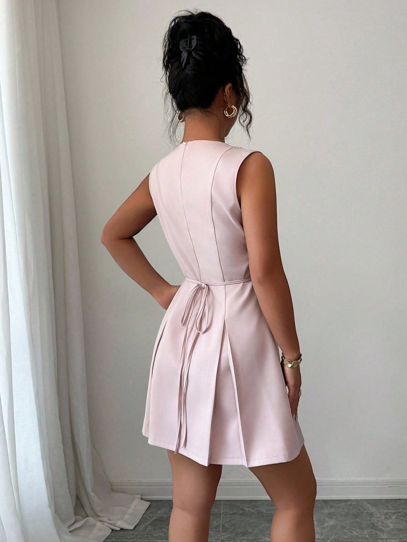 Women’s Woven Fabric Mini Skirt, Button Front Design, Tie Waist Detail, Decorative Buckle Accent, 1 Piece, For Daily Wear