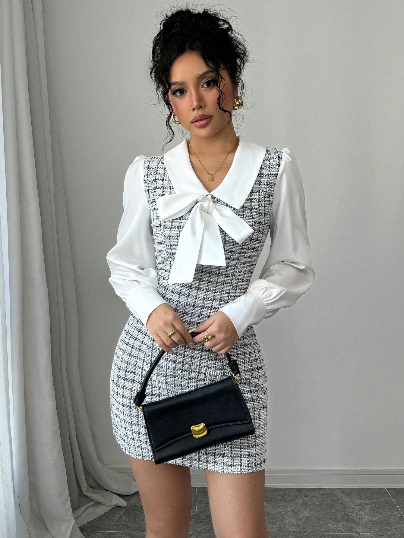 Women’s Woven Fabric Dress, Color Block Patchwork Design, Bow Detail, 2 In 1 Style, 1 Piece, For Autumn Wear