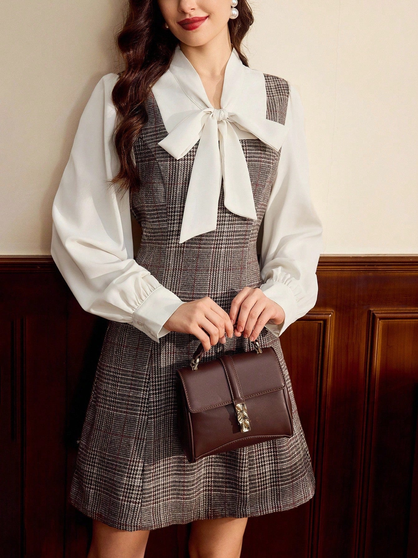 Women’s Woven Fabric Dress, Long Sleeve Collar Design, Plaid Pattern, 2 In 1 Style, 1 Piece, For Autumn and Winter Wear