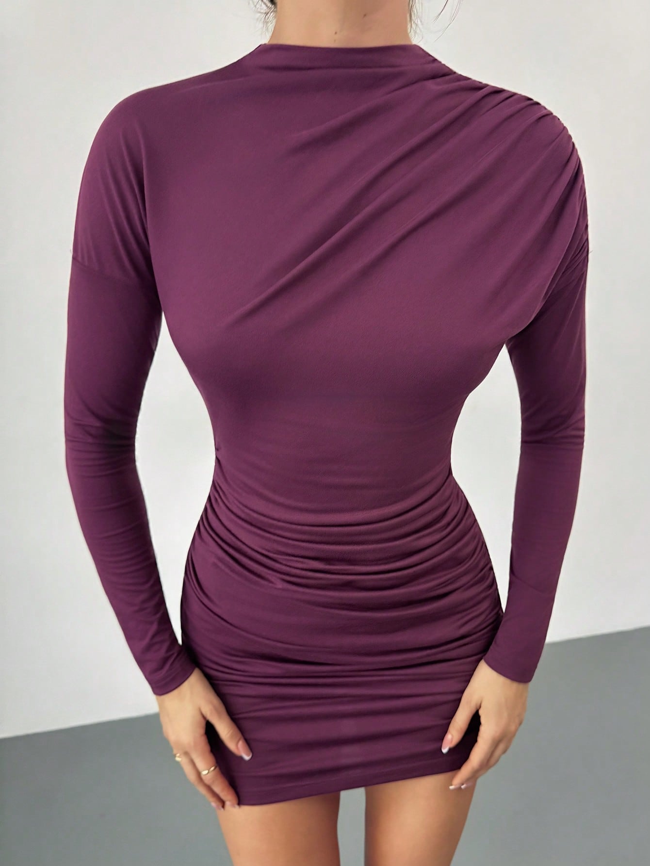 Women’s Woven Fabric Mini Dress, Long Sleeve Design with Ruched Detail, Solid Pattern, 1 Piece, For Daily Wear