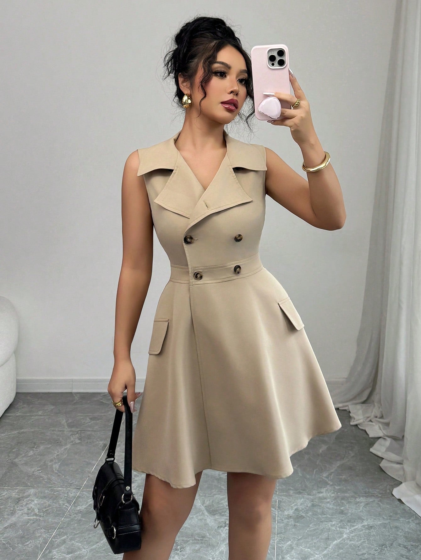 Women’s Woven Fabric A-Line Short Dress, Sleeveless Shirt Collar Design, Double Breasted Detail, 1 Piece, For Commuting and Daily Wear