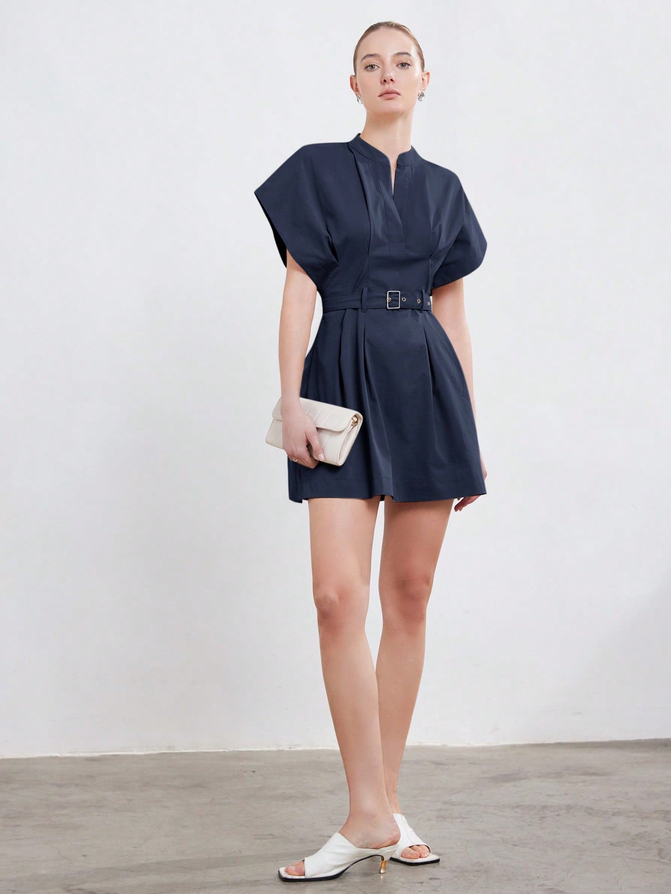 Women’s Woven Fabric A-Line Dress, Stand Collar Round Neck Design, Cap Sleeve Style with Ruched Detail and Belt, 1 Piece, For Commuting and Daily Wear