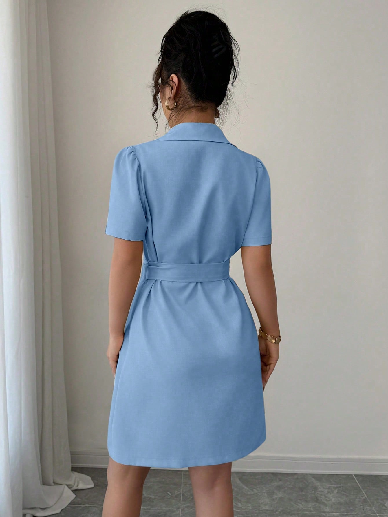 Mandarin Collar Dress with Cinched Waist Double Breasted Front and Puff Sleeves for Daily Wear
