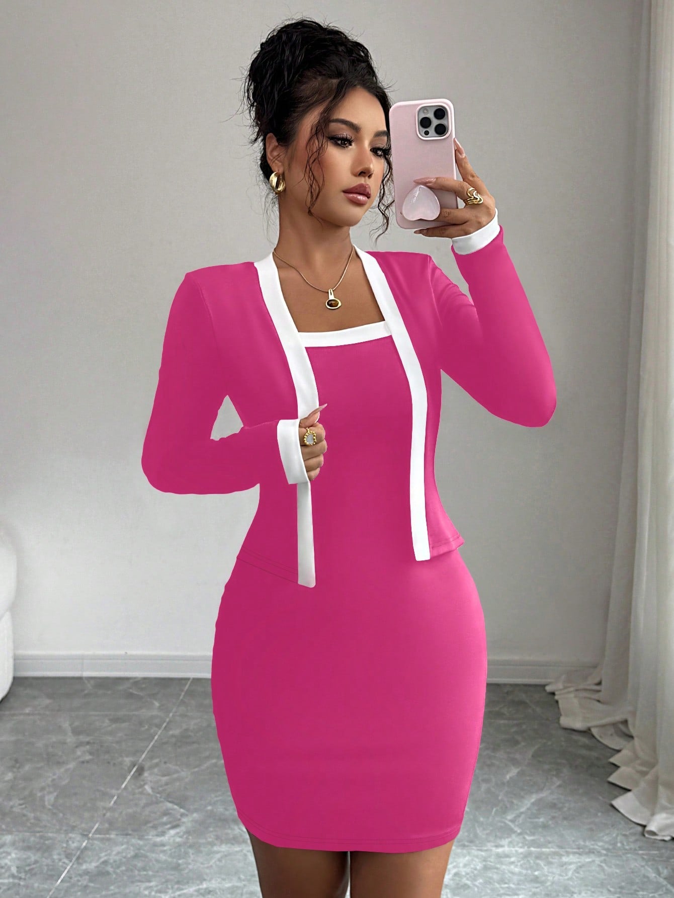 Women’s Woven Fabric Mini Dress, Long Sleeve Simple Design, 2 In 1 Style, 1 Piece, For Everyday Wear