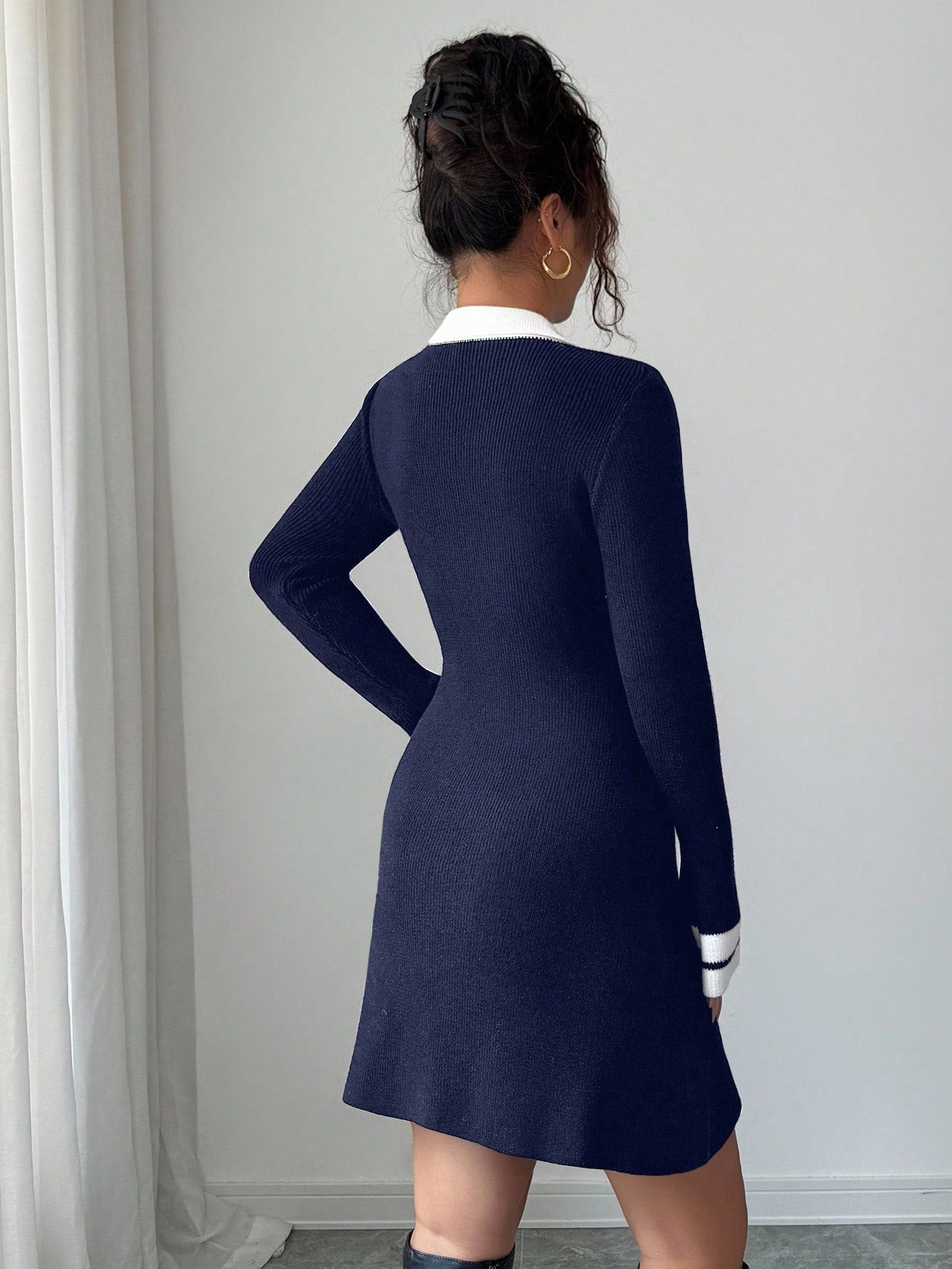 Contrast A-Line Dress with Shirt Collar Long Sleeves and Trumpet Skirt Design for Daily and Seasonal Wear