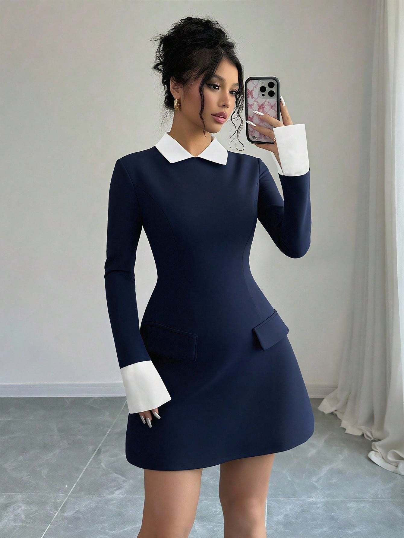 Women’s Woven Fabric Short Dress, Collared Long Sleeve Design with Cuff Detail and Faux Pocket, Color Block Pattern, 1 Piece, For Autumn Wear