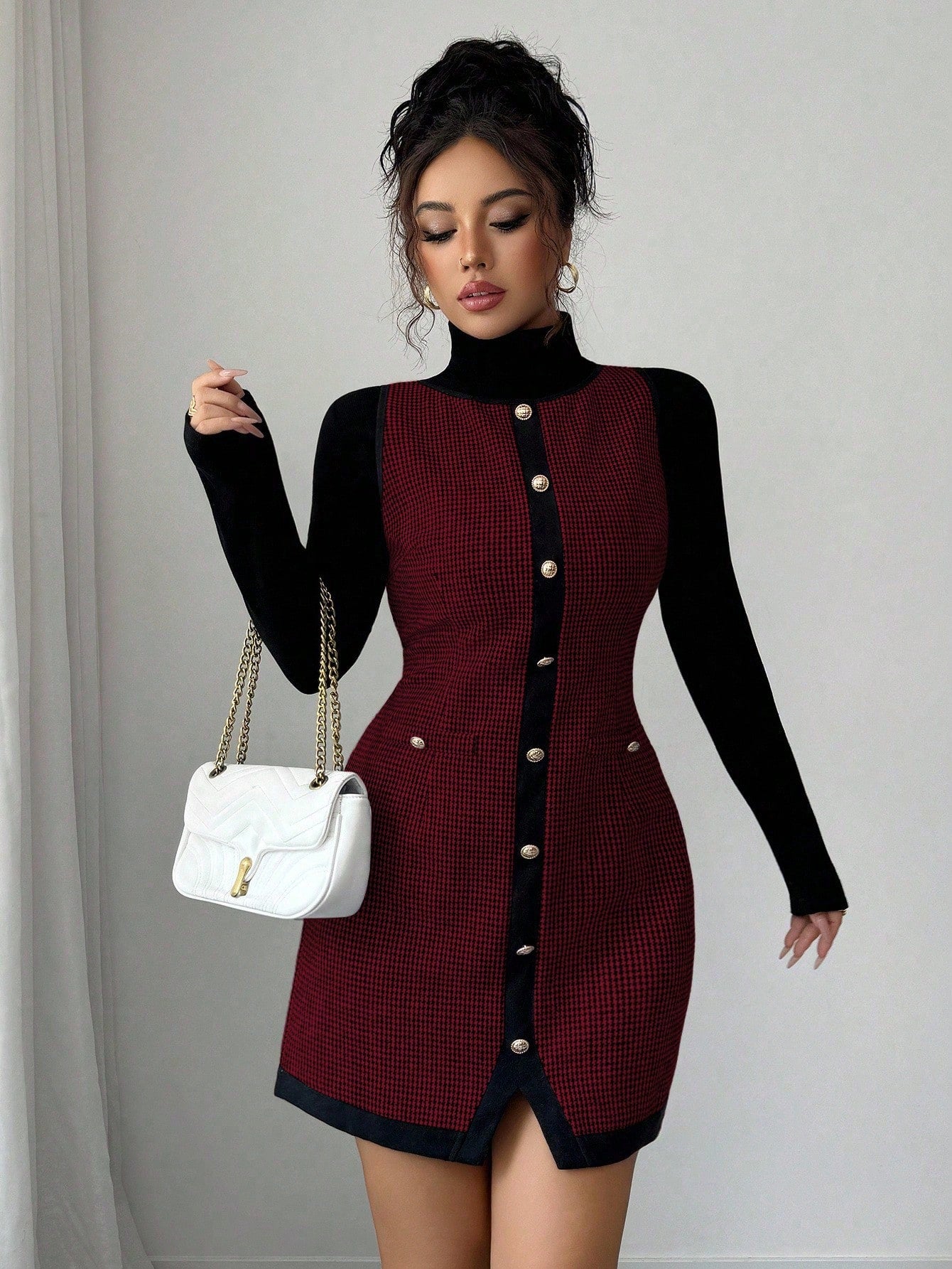 Women’s Wool-Blend Fabric Sleeveless Dress, Round Neck Patchwork Design, 1 Piece, For Office and Daily Wear