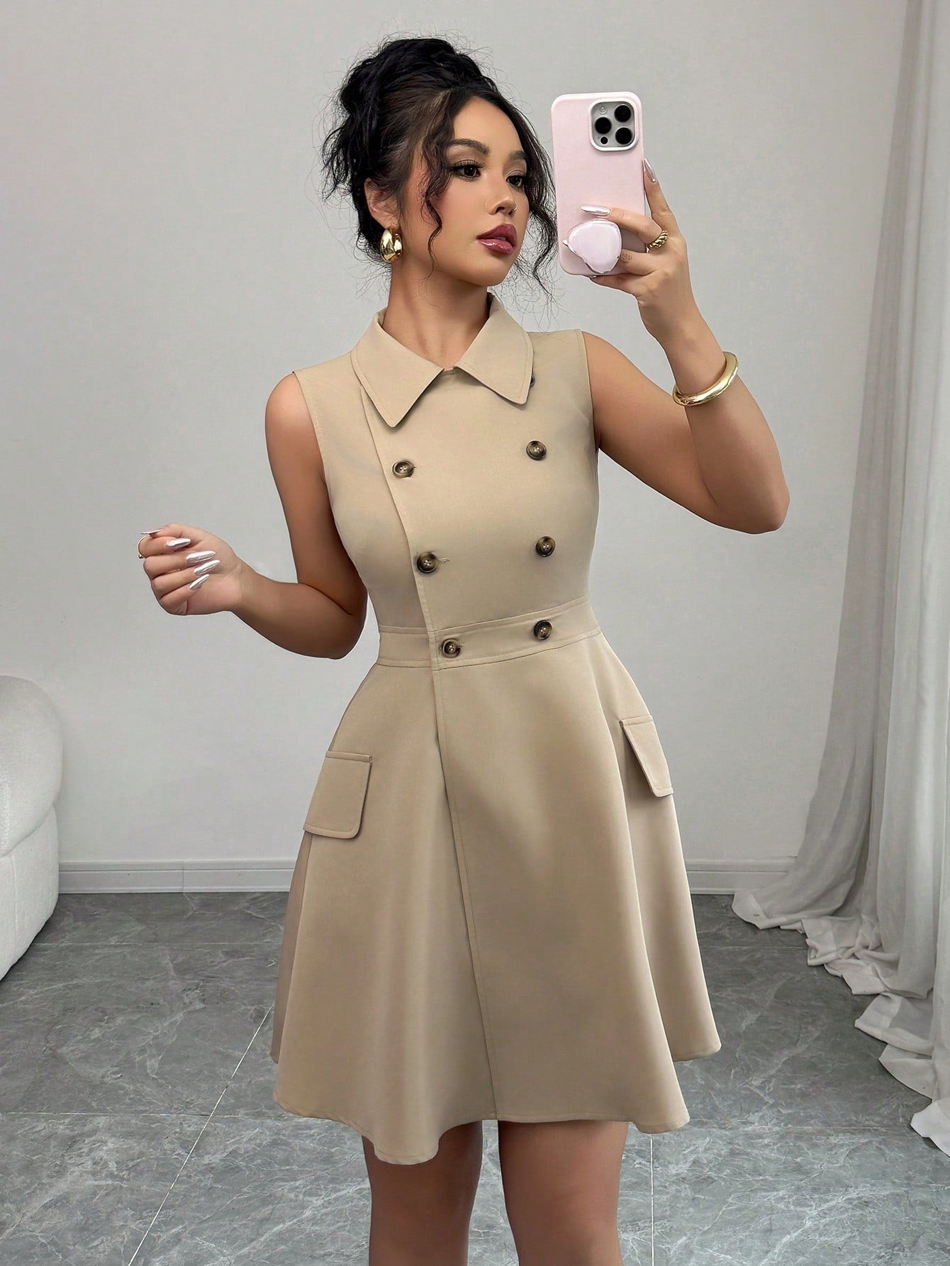 Women’s Woven Fabric A-Line Short Dress, Sleeveless Shirt Collar Design, Double Breasted Detail, 1 Piece, For Commuting and Daily Wear