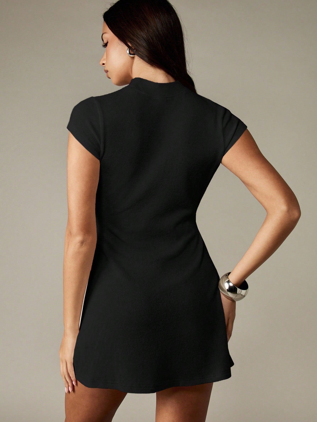 Women’s Knit Fabric Mini Dress, Ribbed Texture, Crew Neck Short Sleeve Design, 1 Piece, For Autumn and Winter Wear