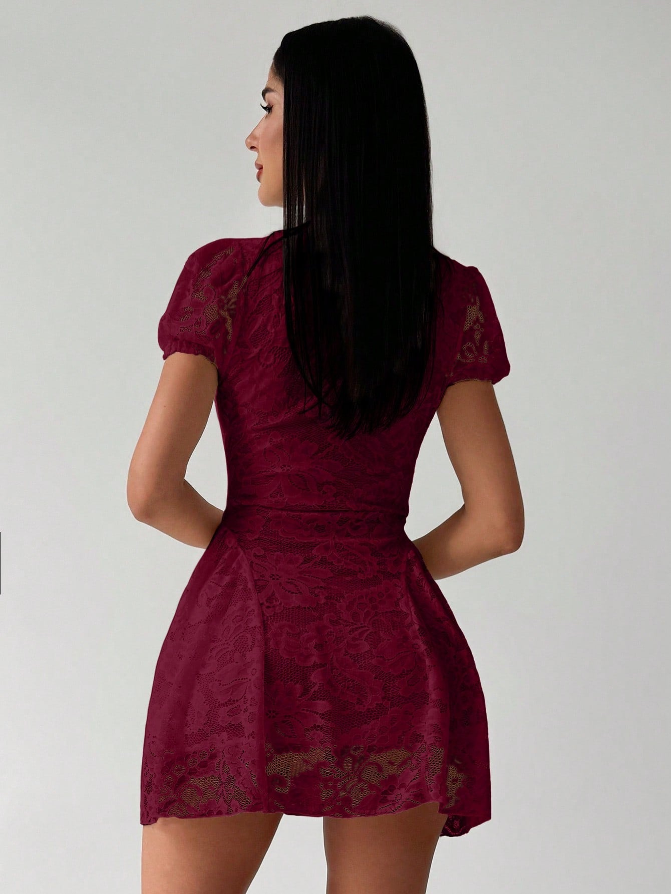 Women’s Woven Fabric Mini Dress, V-Neck Design with Puff Sleeve and Lace Detail, 1 Piece, For Spring and Summer Wear