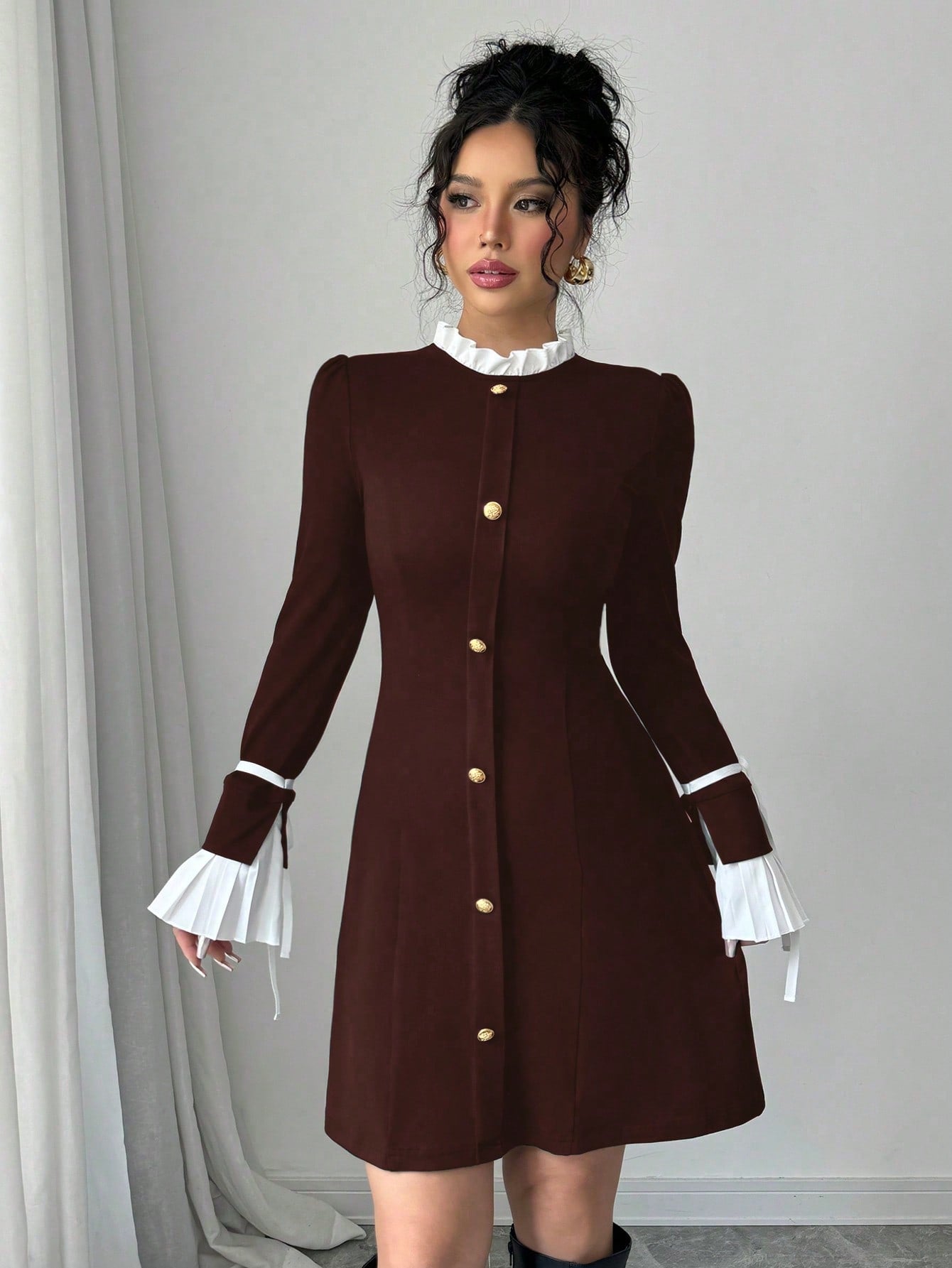 Women’s Woven Fabric Long Sleeve Dress, Collar and Cuff Splicing Detail with Bow Accent, 1 Piece, For Cooler Season Wear