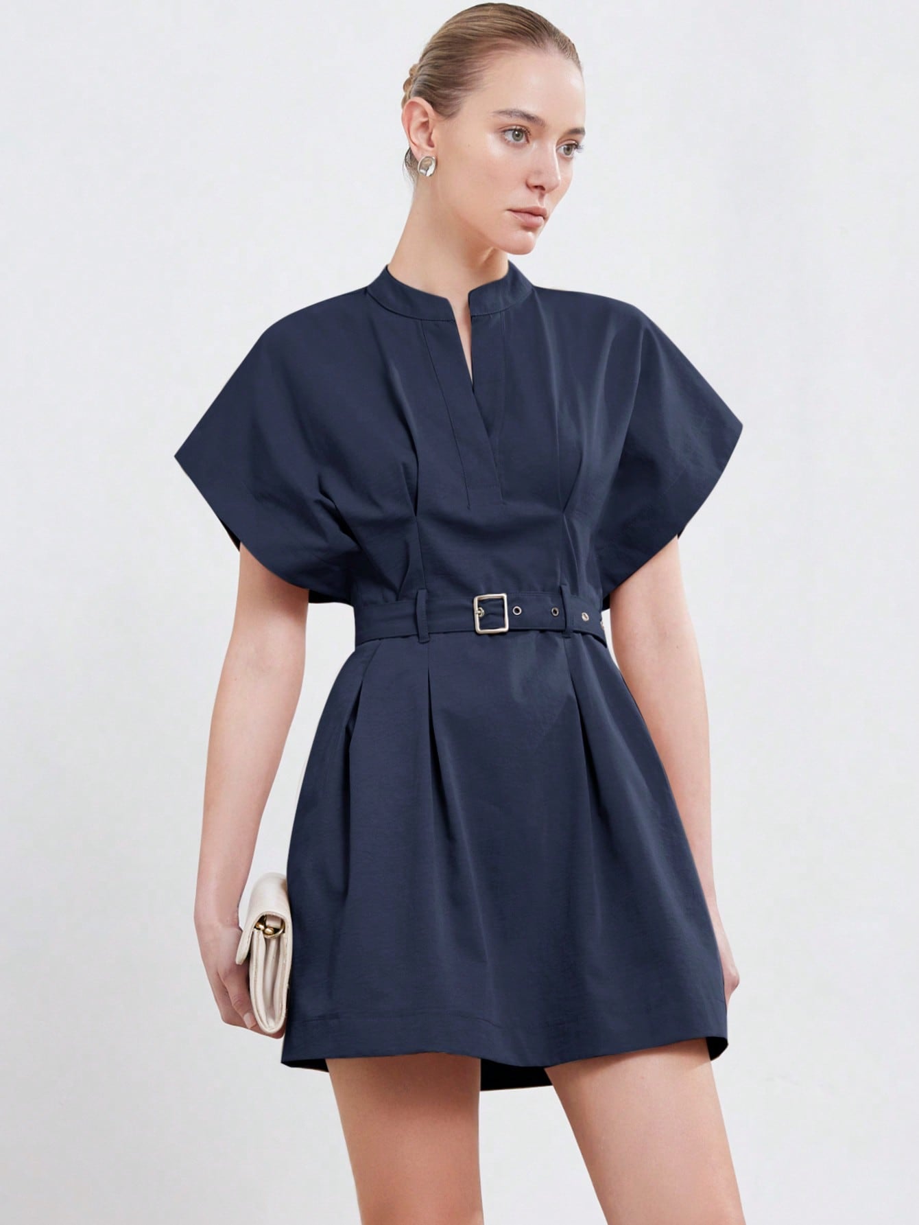 Women’s Woven Fabric A-Line Dress, Stand Collar Round Neck Design, Cap Sleeve Style with Ruched Detail and Belt, 1 Piece, For Commuting and Daily Wear