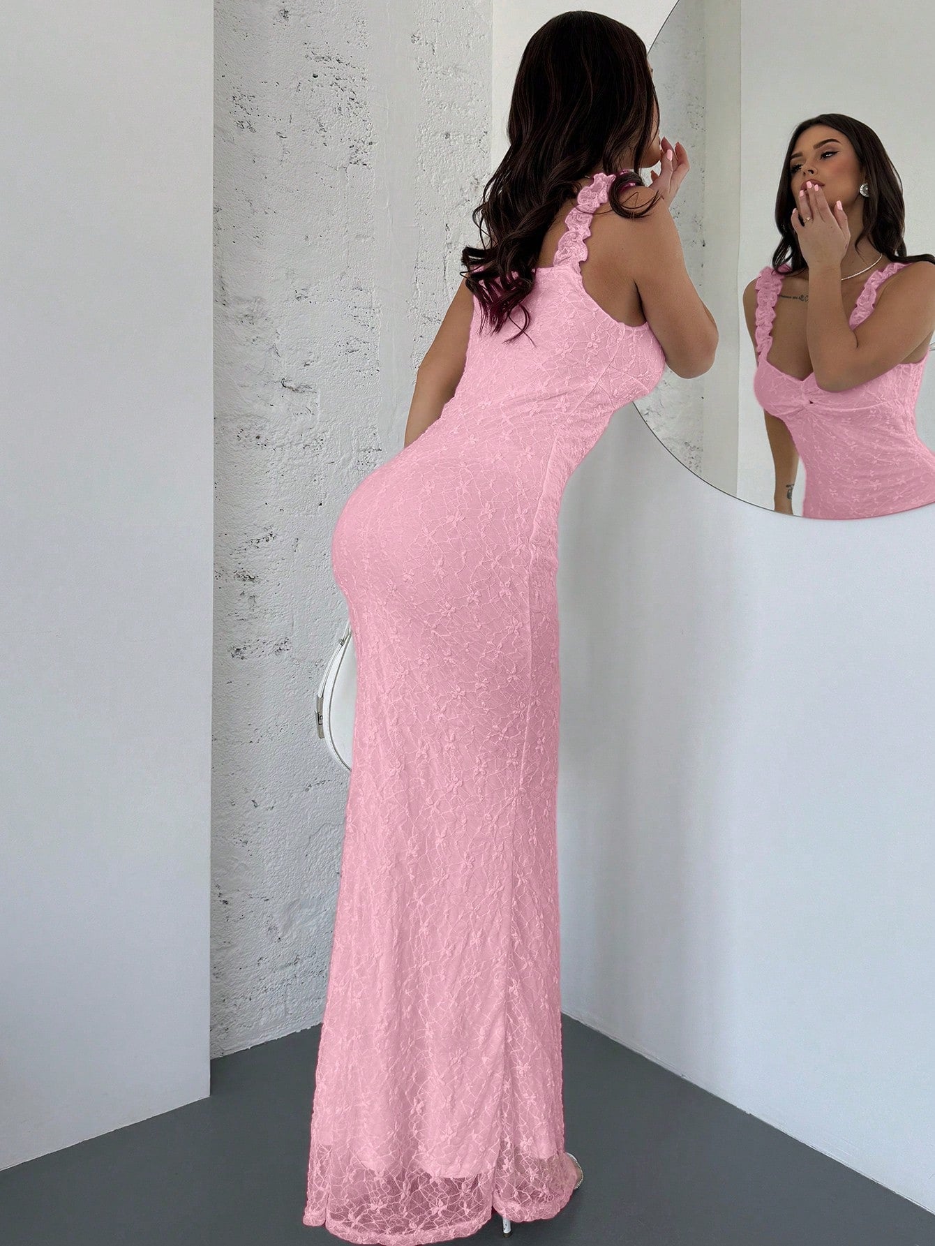 White Lace Ruffle Shoulder Strap Bodycon Long Dress for Daily, Date Night, Holiday, and Wedding Events