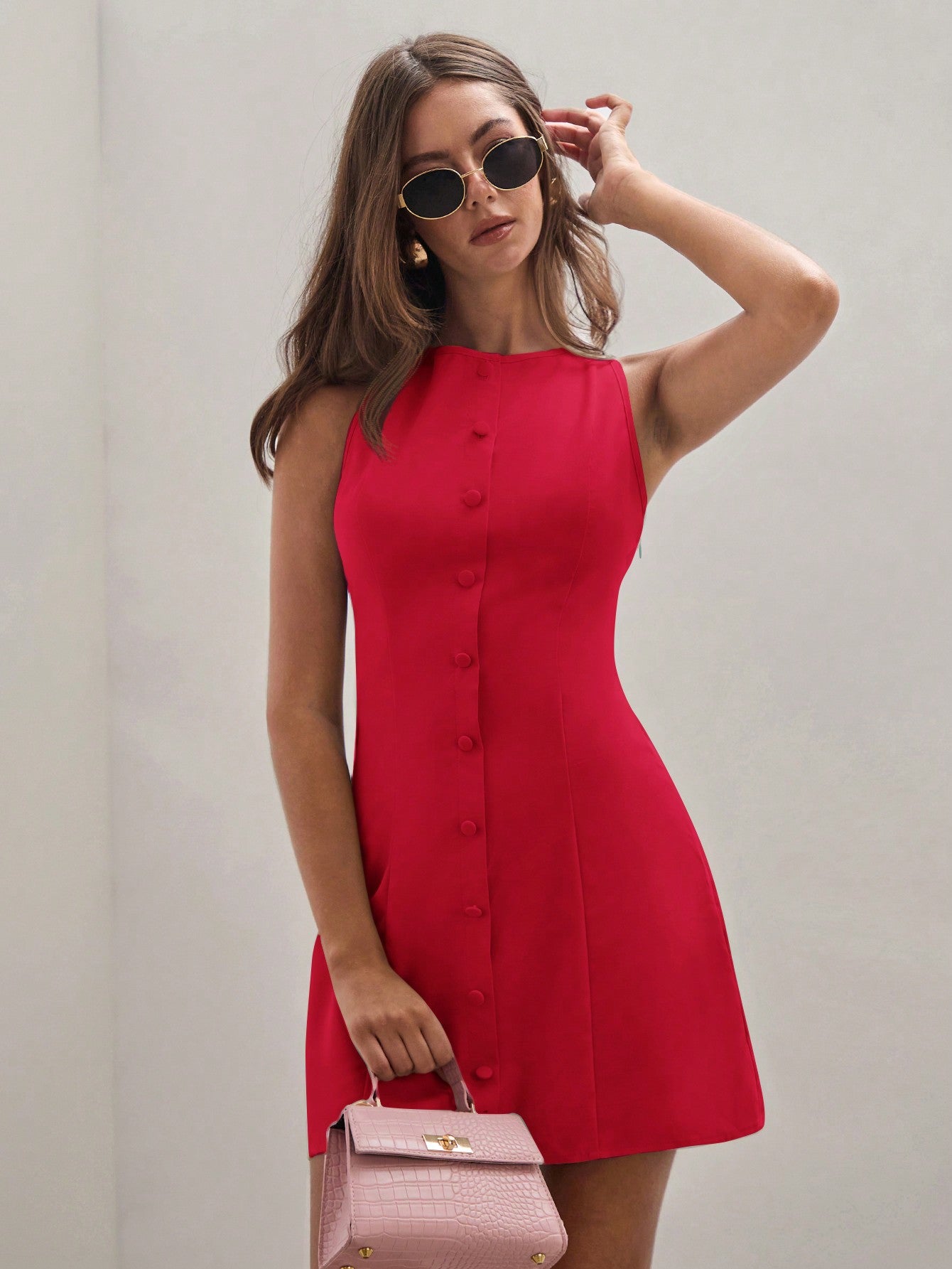 Women’s Woven Fabric Sleeveless Mini Dress, Round Neck Button Front Design, Solid Pattern, 1 Piece, For Summer Wear