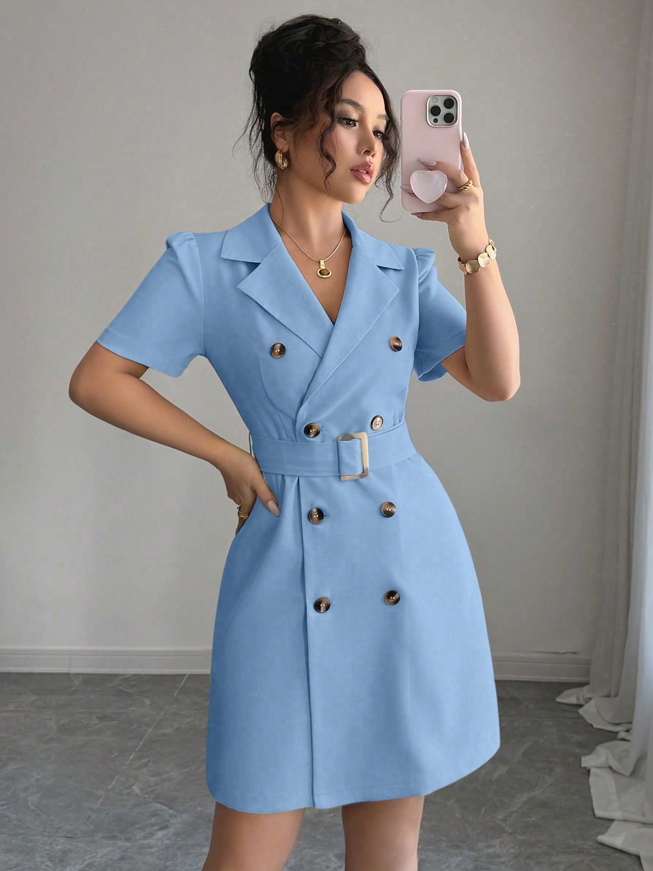 Mandarin Collar Dress with Cinched Waist Double Breasted Front and Puff Sleeves for Daily Wear