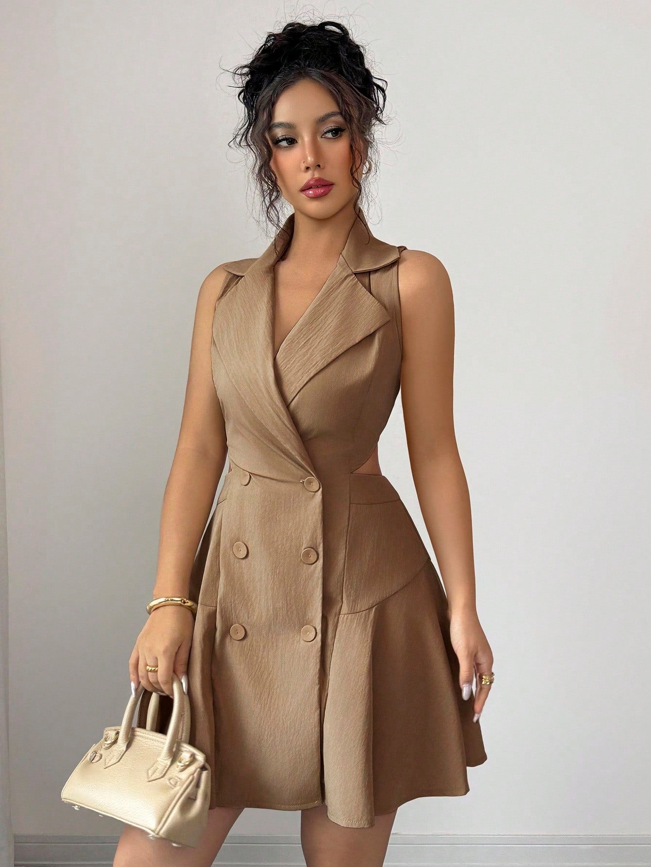 Women’s Woven Fabric Sleeveless Dress, Double Breasted Design, Solid Pattern, 1 Piece, For Commuting and Daily Wear