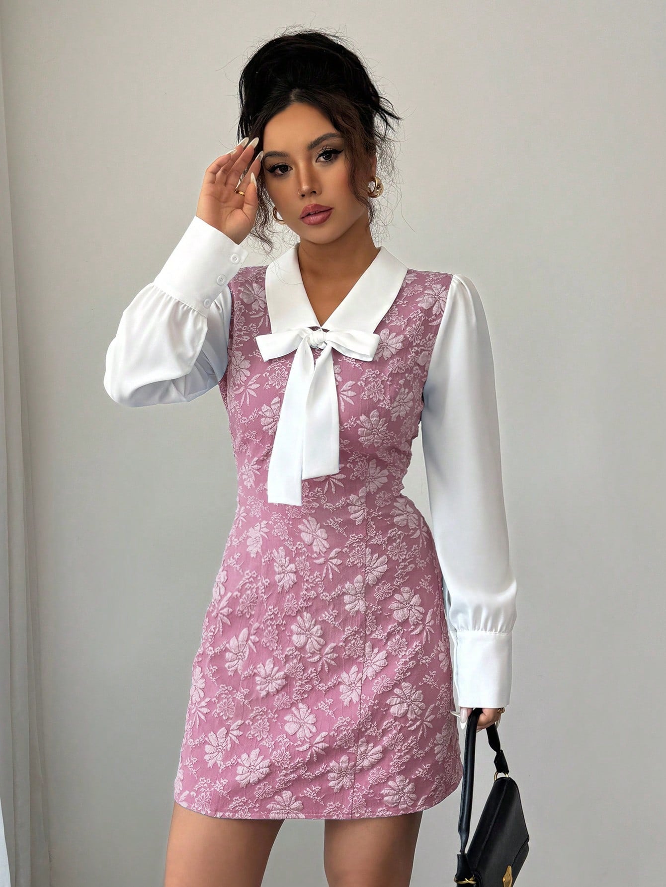 Women’s Woven Fabric Dress, Color Block Patchwork Design with Bow Detail, 2 In 1 Style, 1 Piece, For Daily Wear