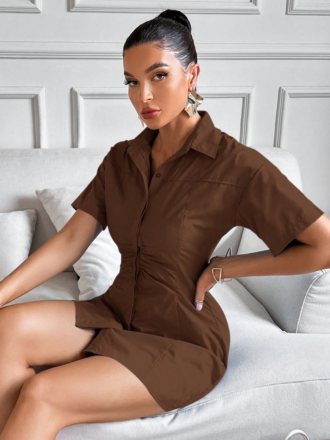 Women’s Woven Fabric Shirt Dress, Ruched Front Design, Solid Pattern, 1 Piece, For Work and Daily Wear